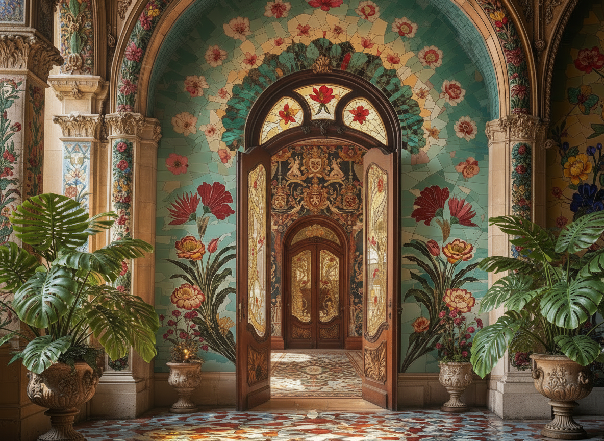 Entrée ornée de mosaïques florales, ornements en pierre, portant de grands pots de plantes vertes, ouverture vers un autre espace décoratif.