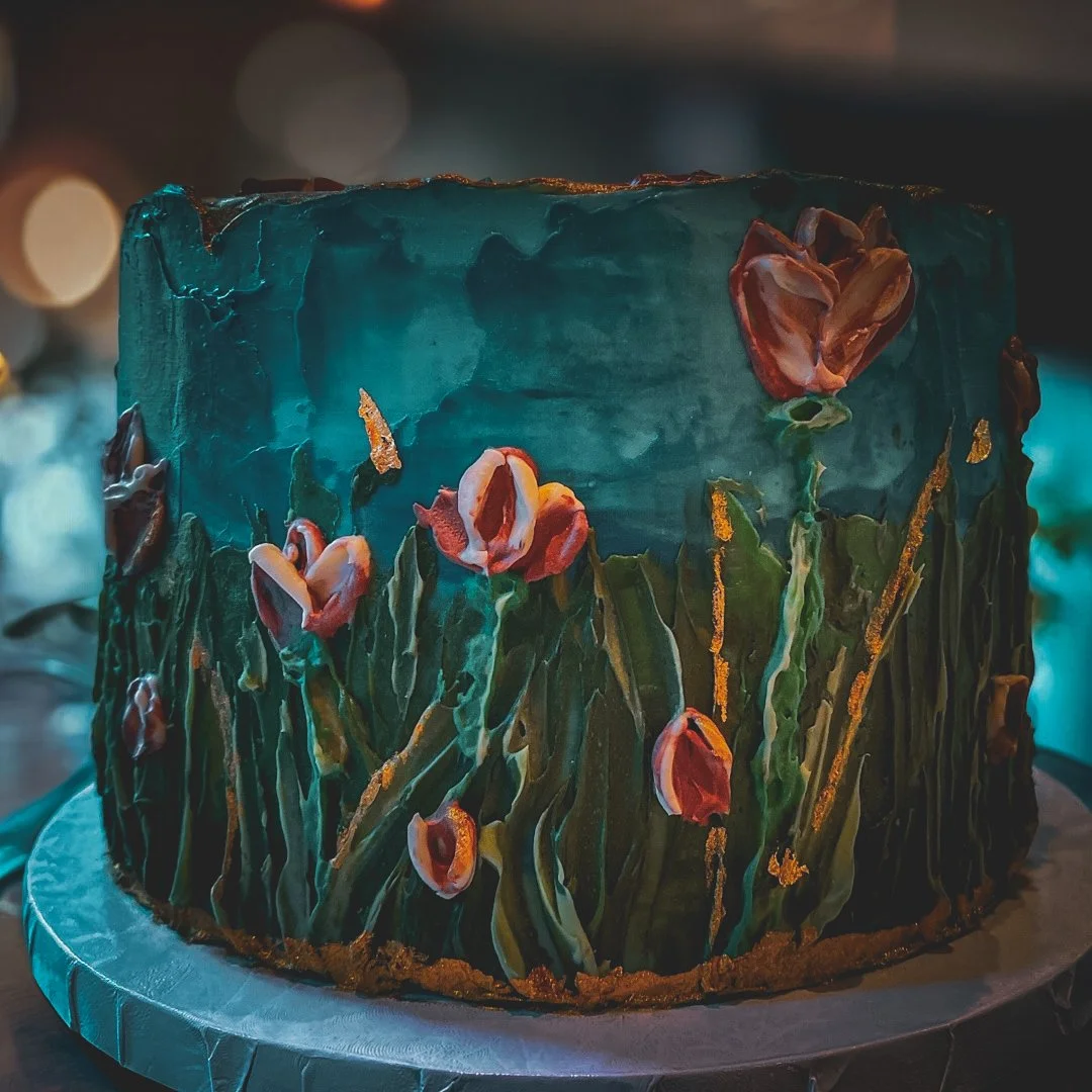 Teal painted buttercream cake with tulip florals and textured brushstroke finish, West Michigan