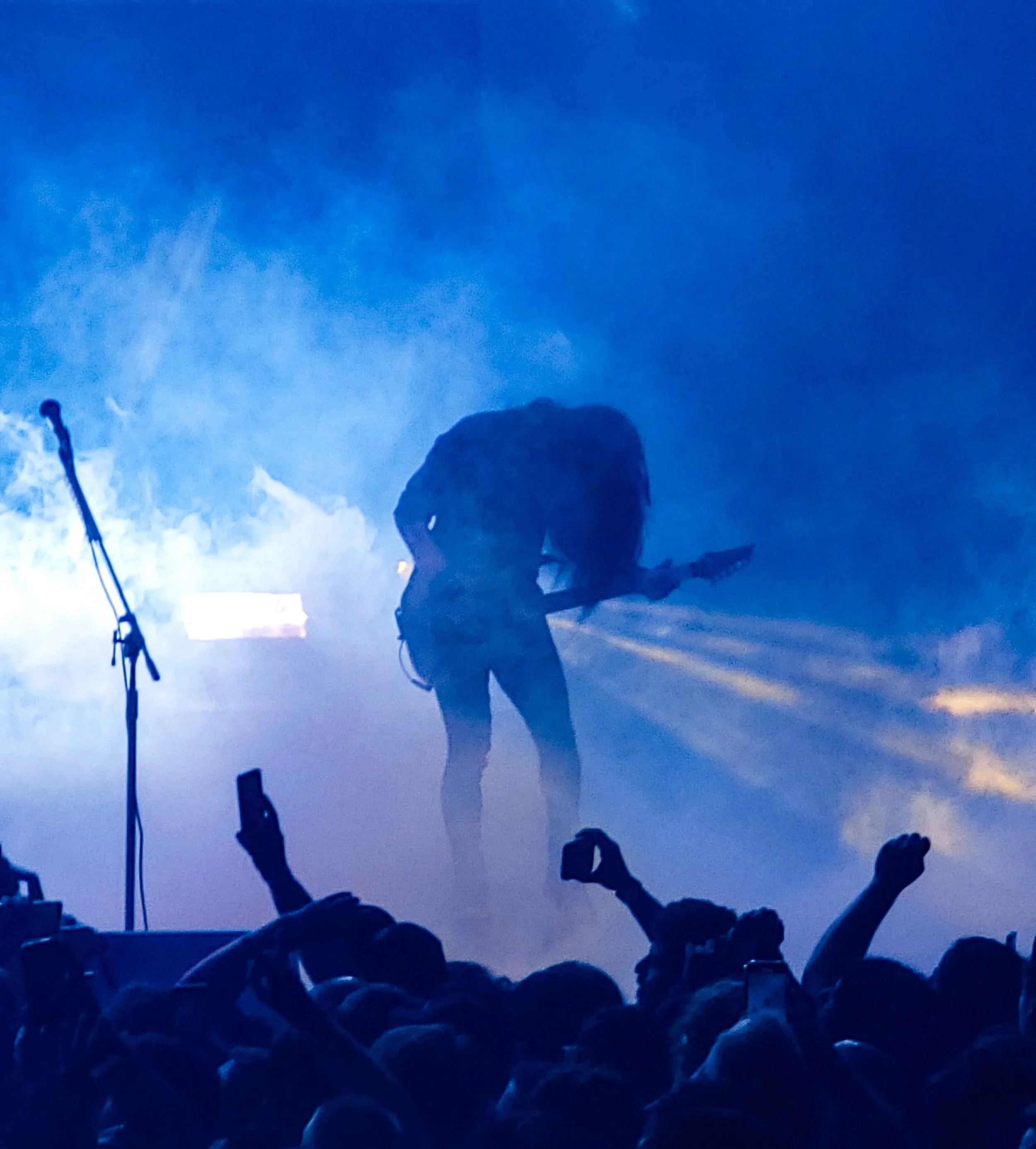 Silhouette of the lead guitarist of the band Megadeth headbanging on stage during a guitar solo, surrounded by a blue-lit fog, with an audience in the foreground reaching up towards the stage, and a microphone stand visible on the left.