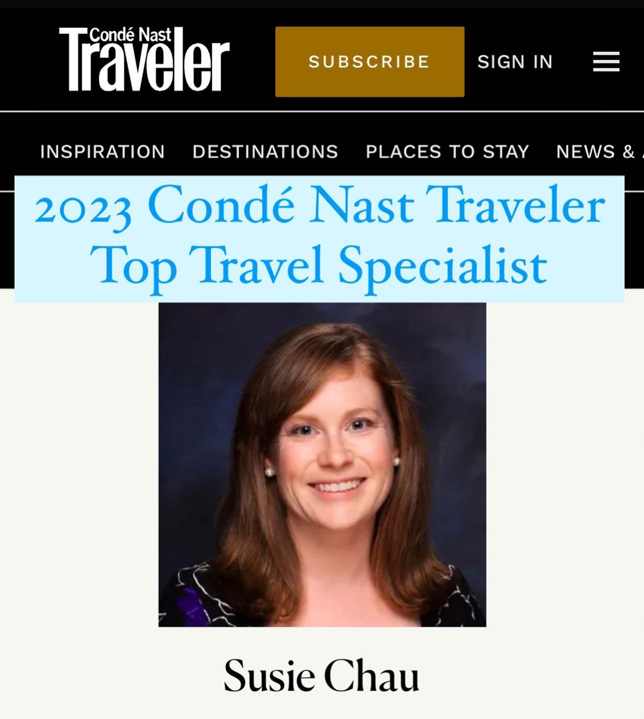 I am very excited to announce that I am a&nbsp;Conde Nast Traveler Top Travel Specialist&nbsp;for 2023!

I feel honored to make the list for the third year in a row.

You can check out my full profile here: https://www.cntraveler.com/contributor/susi