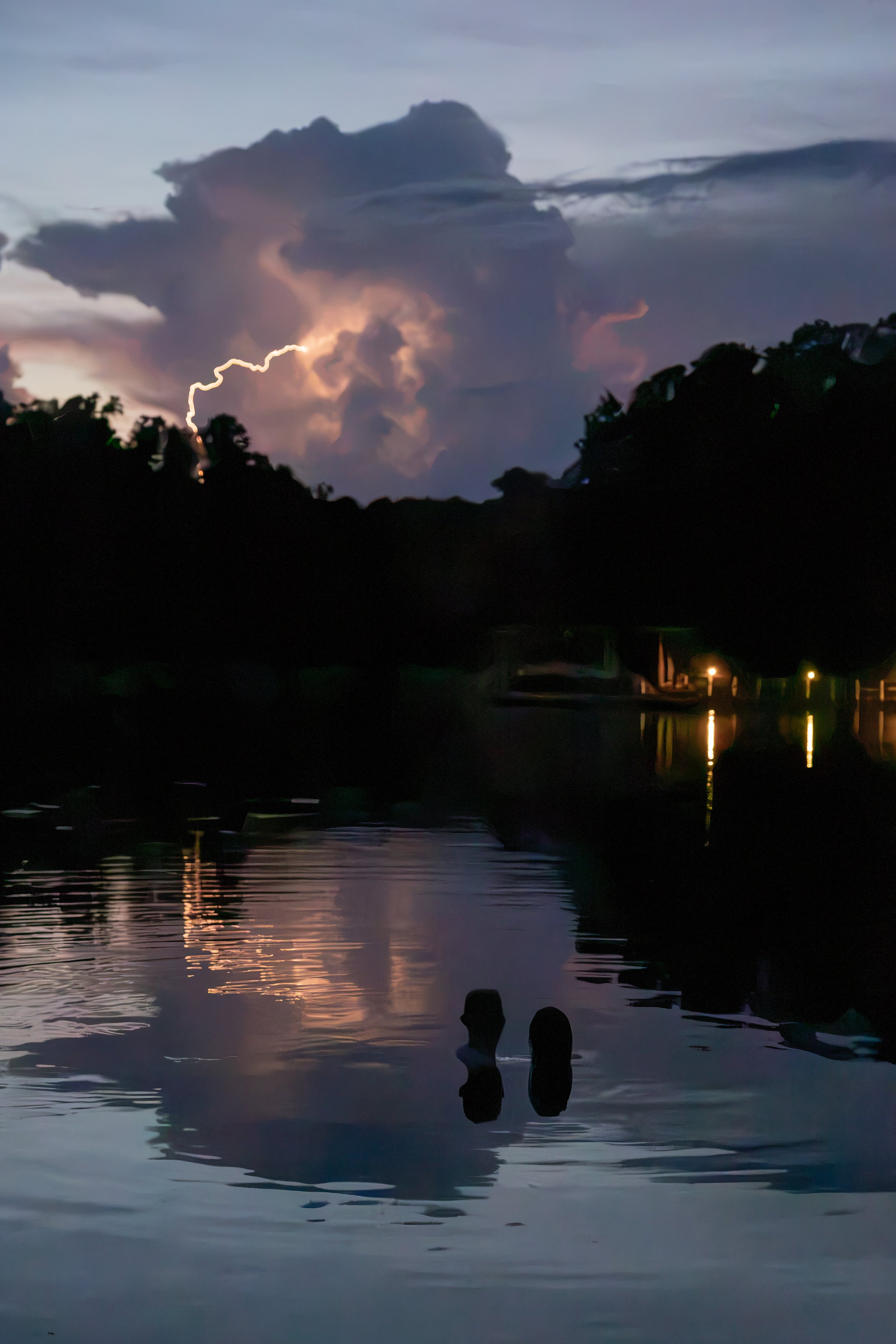 A lightning bolt striking through a dark, cloudy sky over a body of water with reflections, trees, and some lights along the shoreline.