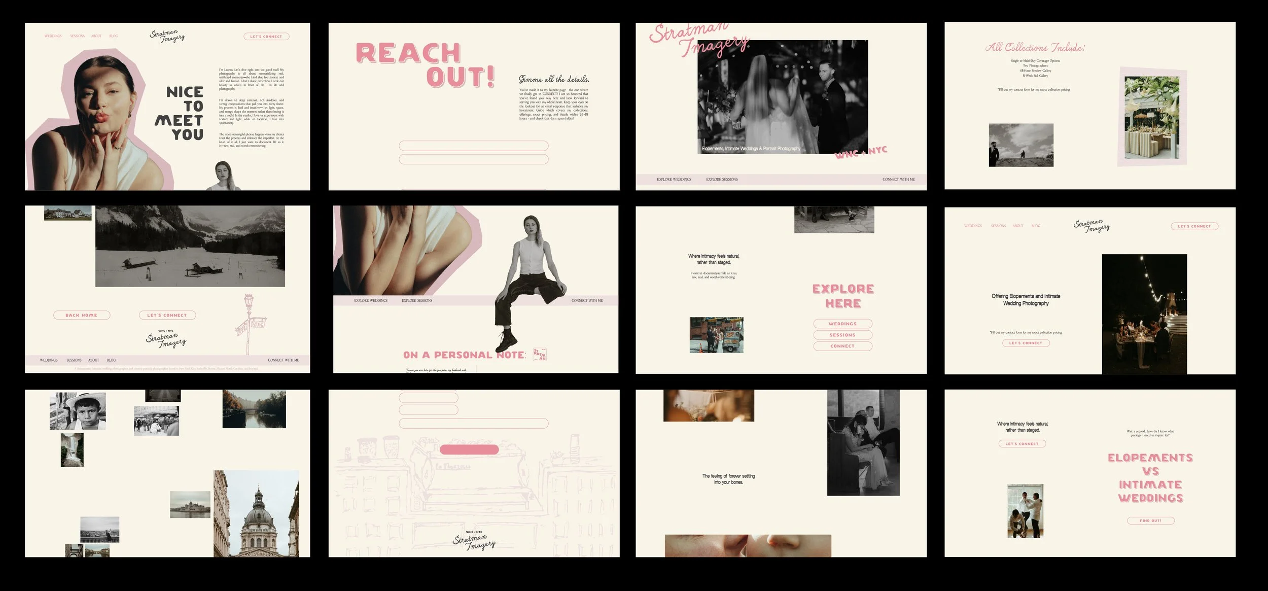 A collage of website pages for a photography business specializing in wedding, engagement, and intimate photography. The pages feature images of couples, wedding scenes, and candid moments with a soft color palette of beige, pink, and black-and-white