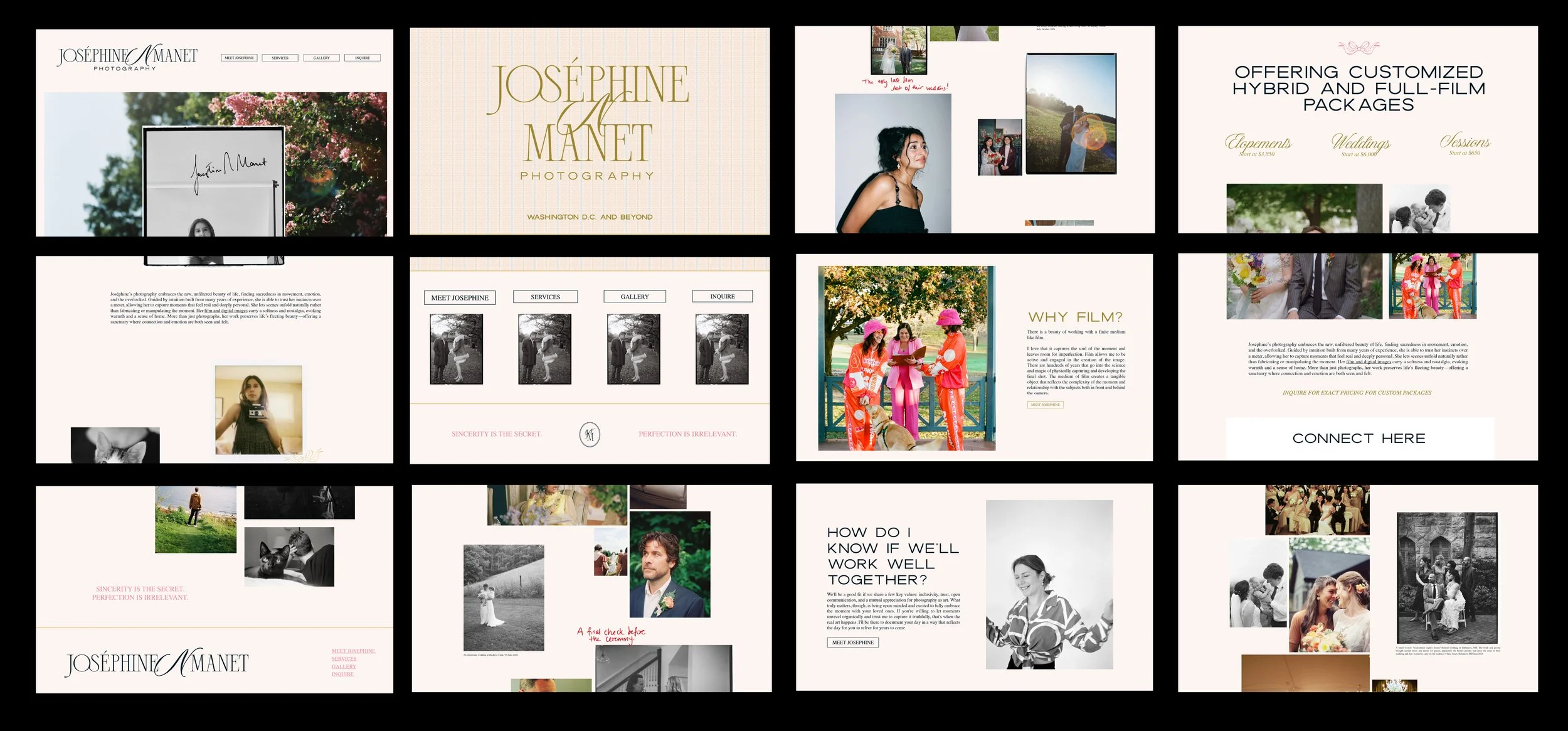 A collage of webpage screenshots for a photography business. Includes images of people, photoshoots, and text describing services, portfolio, and contact information.