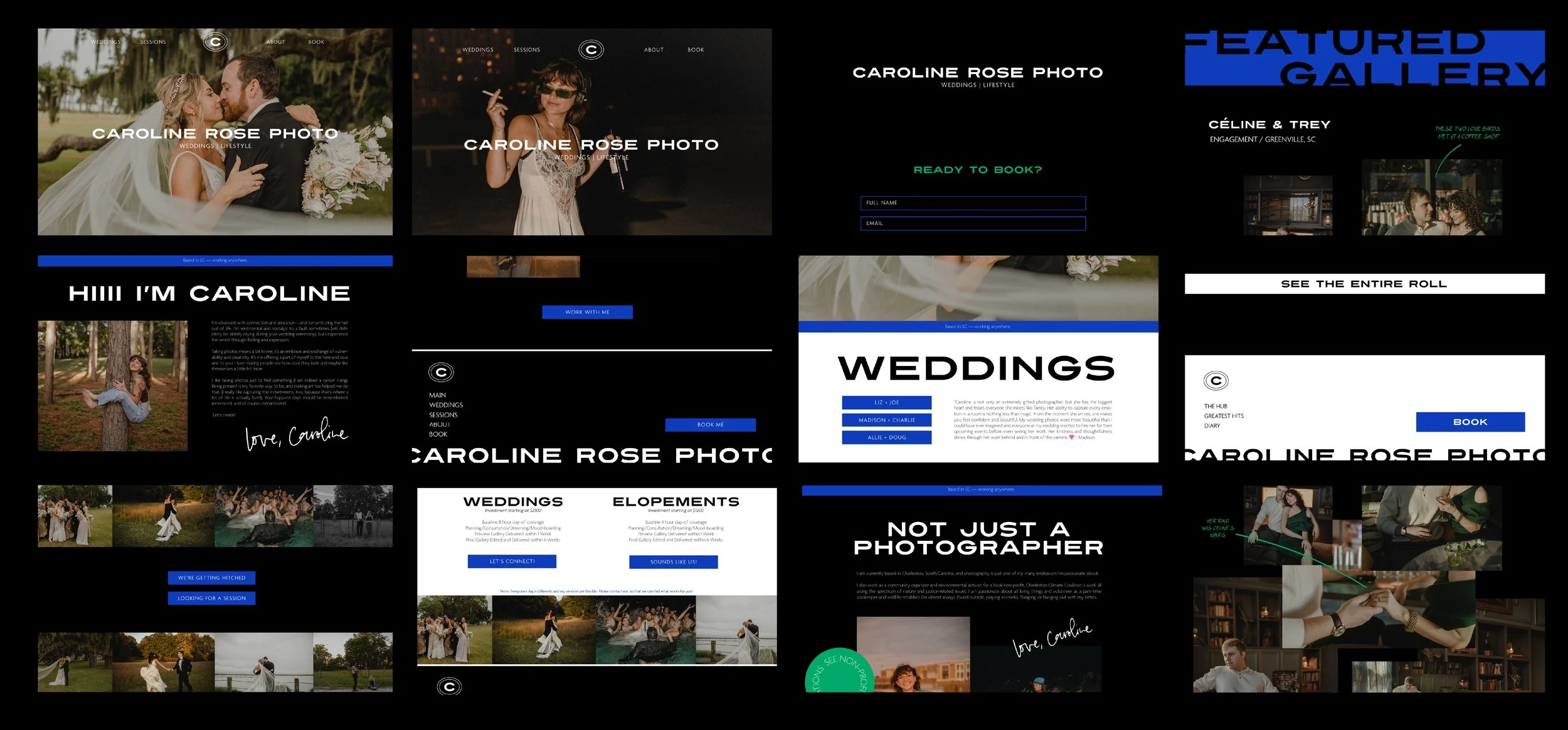 Collage of website screenshots for Caroline Rose Photo featuring wedding and lifestyle photography, with images of couples, a woman with sunglasses, and various website sections including booking and gallery options.