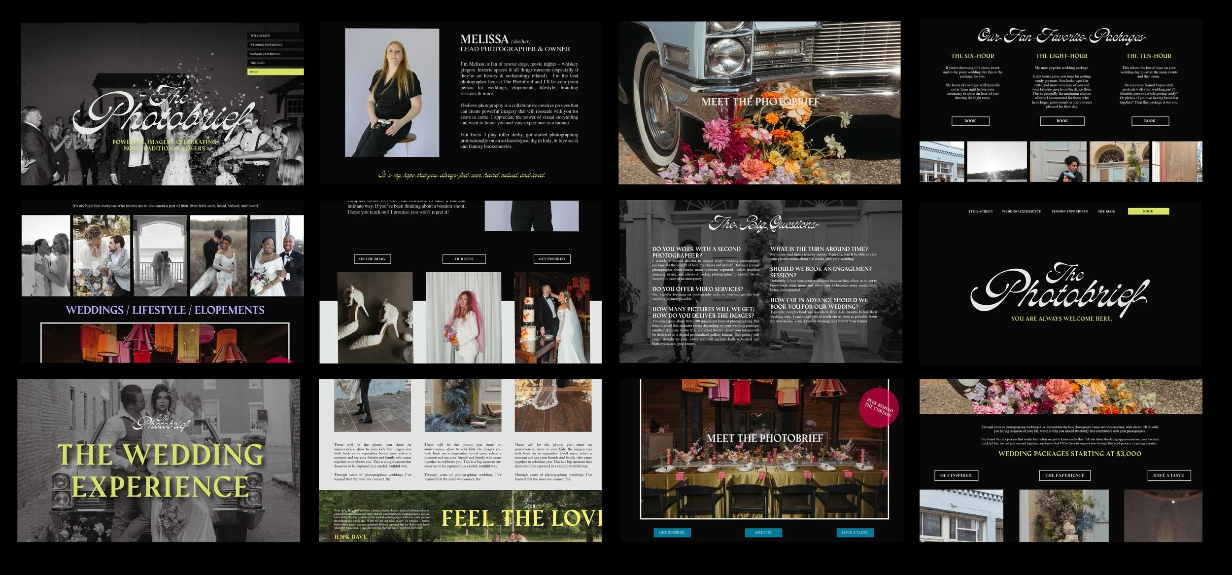 Collage of screens from a wedding photography website, featuring photos, service information, and package options.