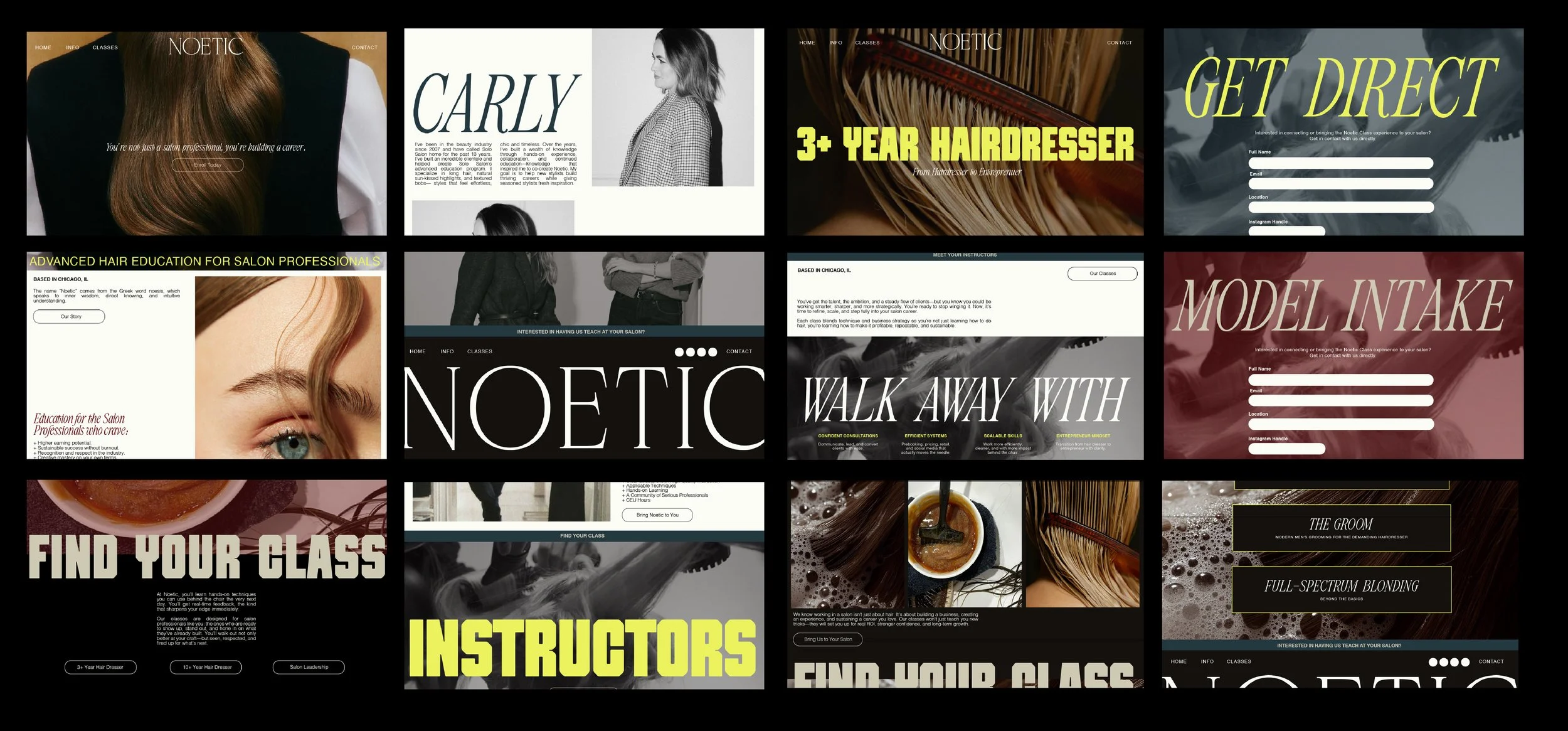 Collage of website screenshots for a hairdressing salon called Noetic, featuring images of hair, hairdressers, and salon services, with text about classes, instructors, and booking information.
