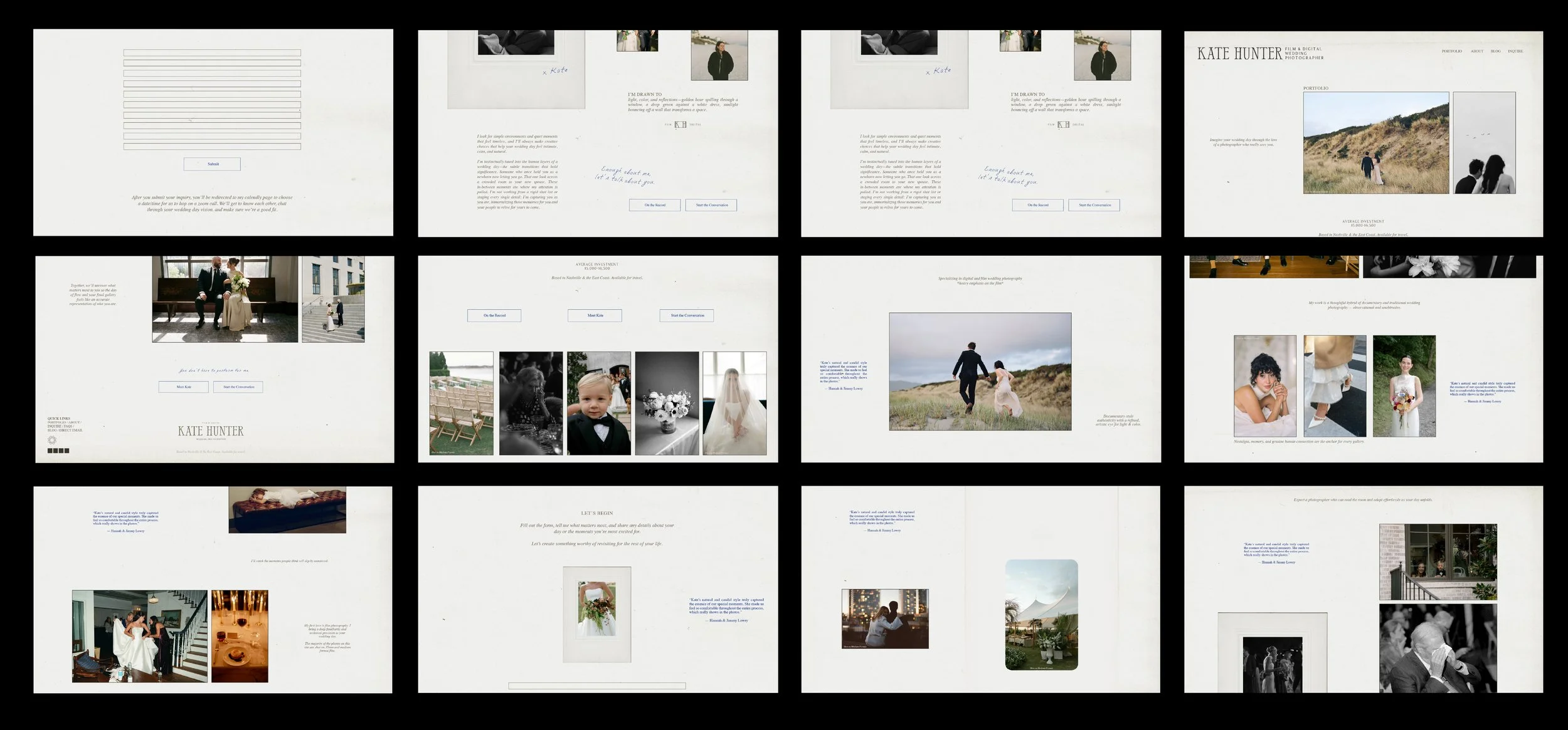 Collage of wedding photography website layouts featuring images of a bride and groom, wedding ceremonies, outdoor scenes, and candid moments, with text including the name "Kate Hunter" and various sections for portfolio and about pages.