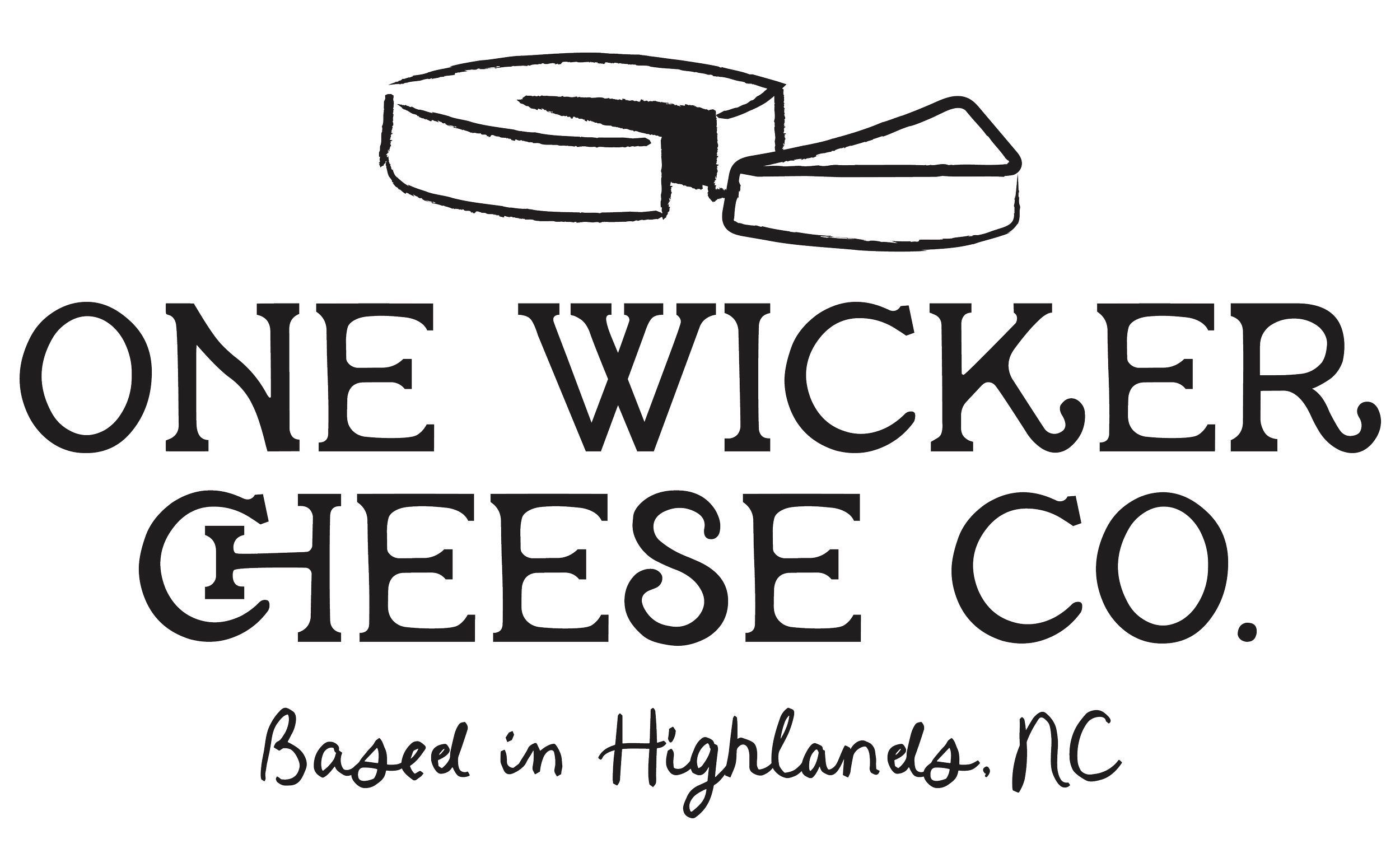 Logo for One Wicker Cheese Co., with a drawing of a wheel of cheese and a slice cut out, and text indicating it is based in Highlands, NC.