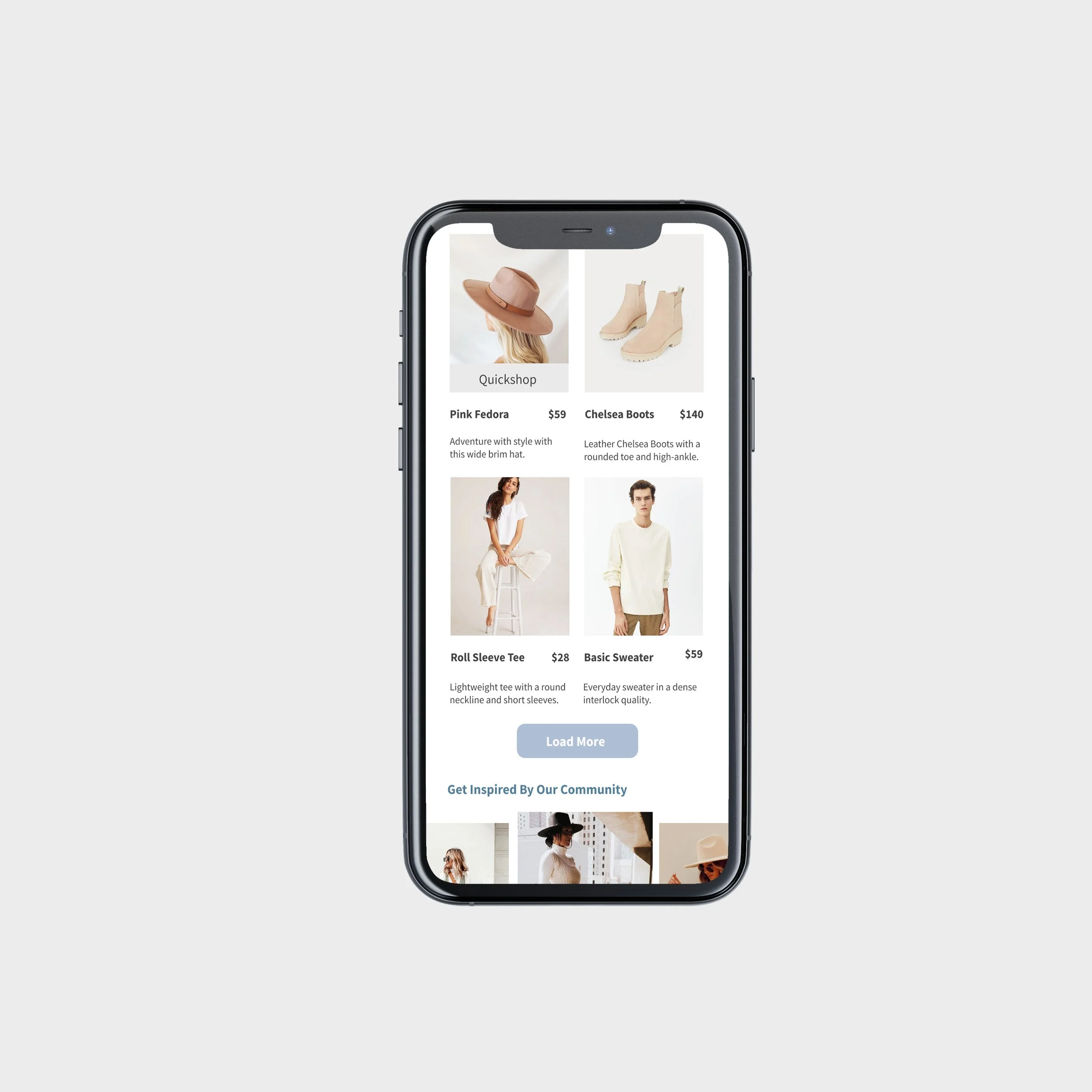 Screenshot of a mobile shopping app displaying women's clothing and accessories for sale, including a wide-brim hat, beige boots, a roll sleeve tee, and a basic sweater.