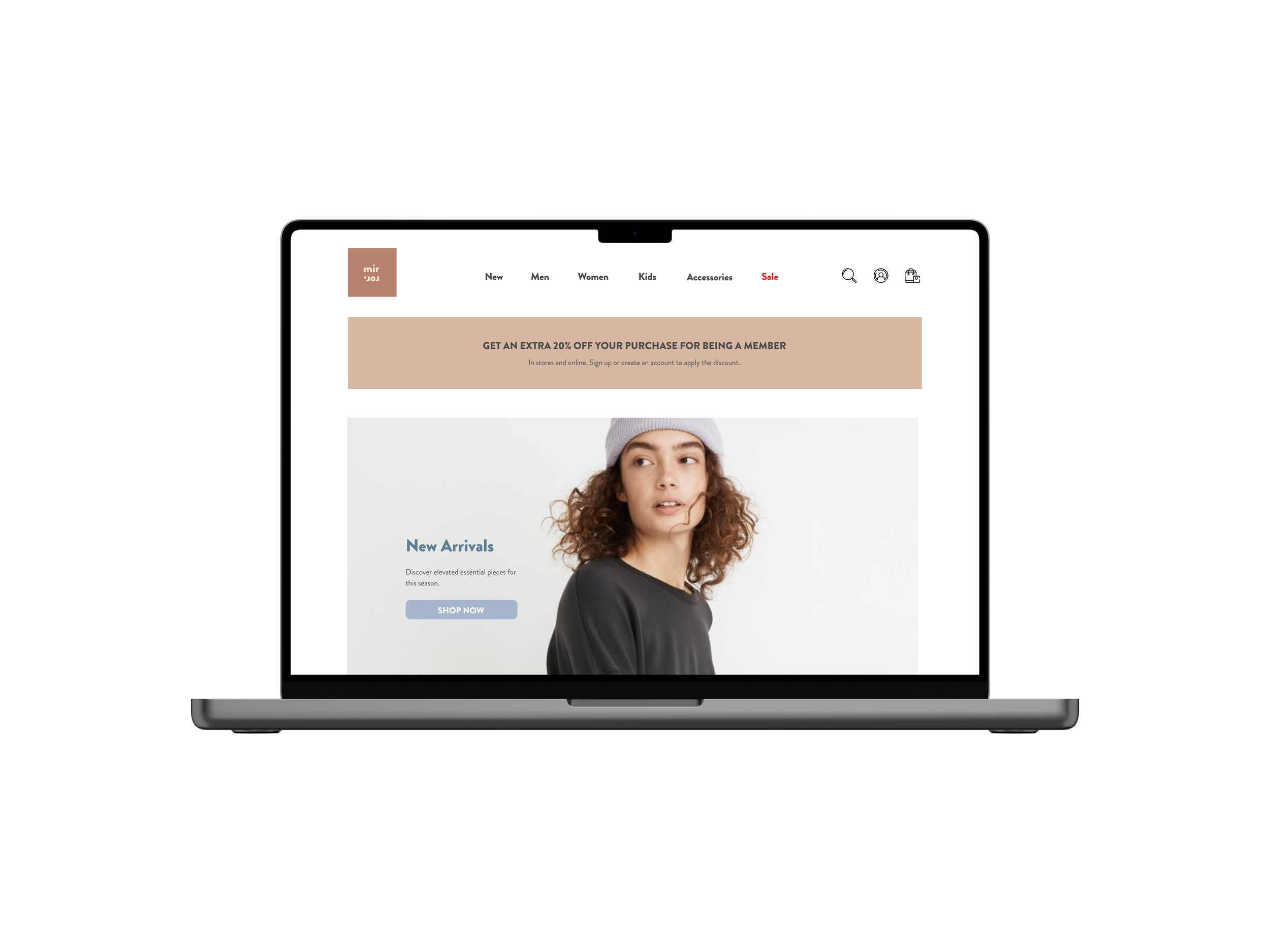 A laptop showing an online store homepage with a woman wearing a gray beanie and black top.