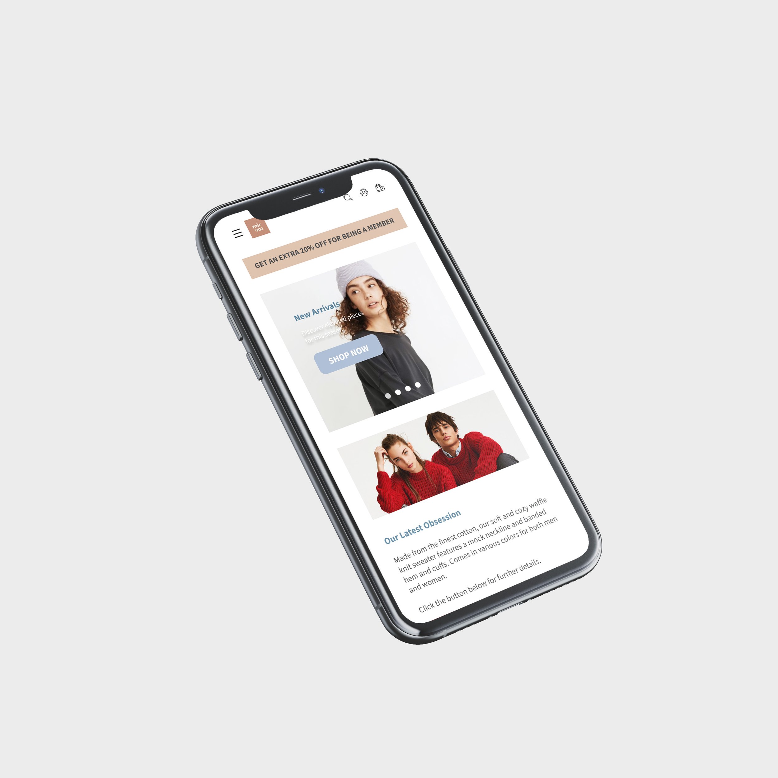 Smartphone displaying a fashion website with images of people wearing sweaters and a promotional banner at the top offering 20% off for members.
