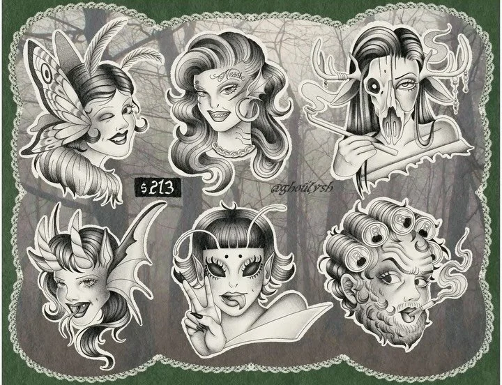 Cryptid Girls for this week&rsquo;s 13 to 13 flash at @thornandthistletattoo Did this one in two different styles to satiate my brain. These all need to be a minimum of 4 inches. Next 3 flash sheets will be $113 like my first, I promise </3 make s