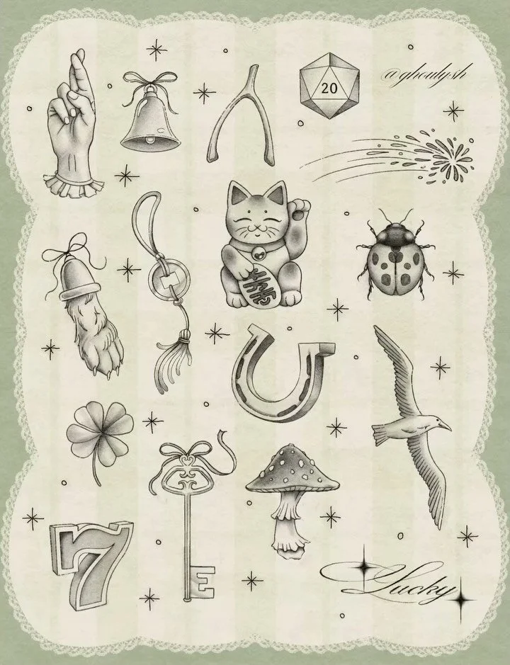 Feeling Lucky 🍀 The very last 13 to 13 flash for @thornandthistletattoo Thank you guys for all the bookings and support for this series <3 These will all be $113. I can&rsquo;t wait to get back to creating larger flash works again lol. I will als