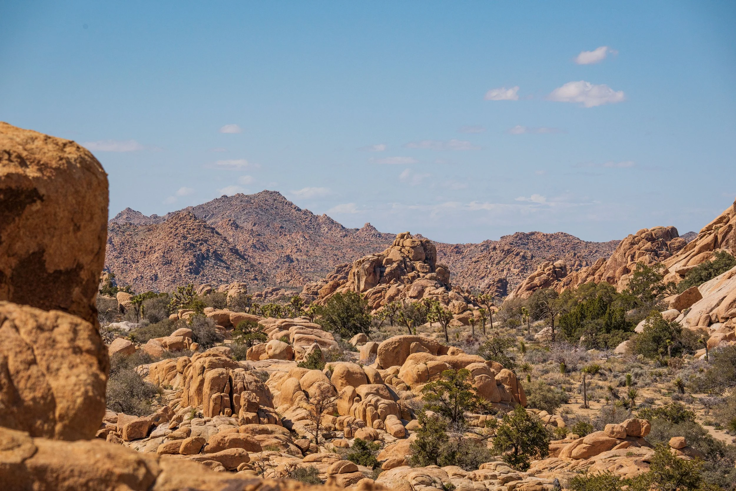 A desert landscape with large rocky formations, sparse vegetation, and mountains in the distance under a blue sky with scattered clouds.