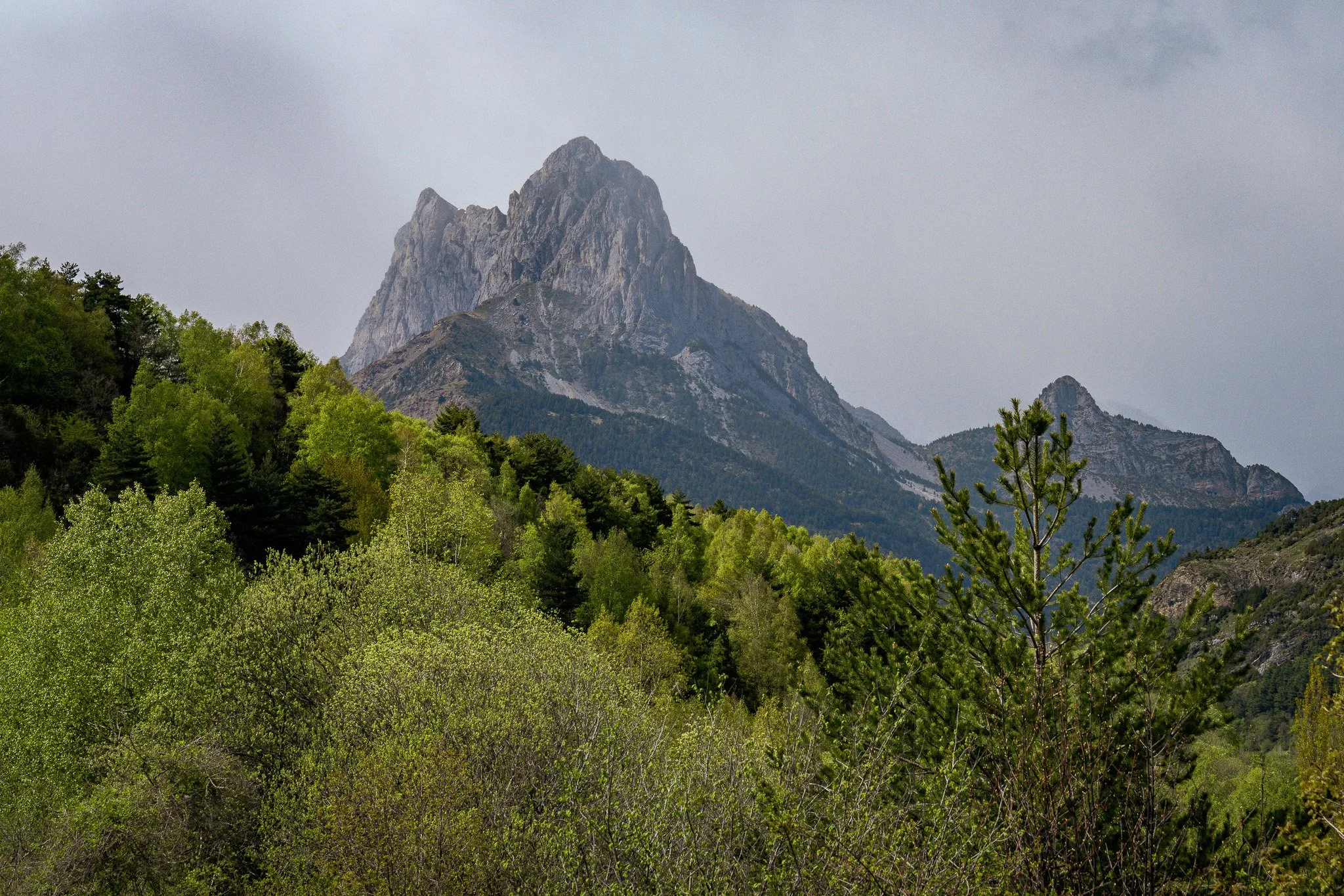 A mountain with rocky, pointed peaks surrounded by green trees and shrubs under a cloudy sky.
