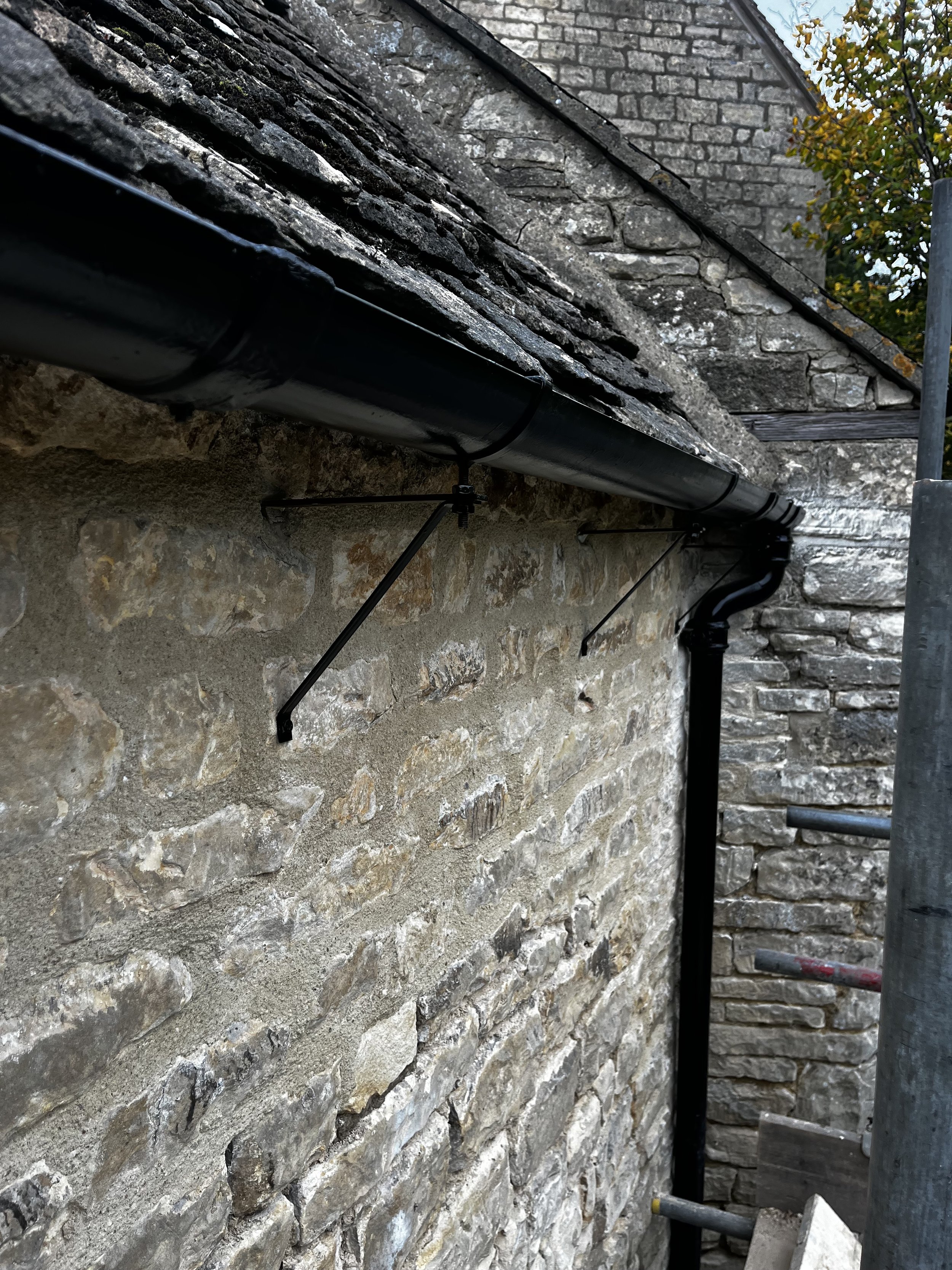 Cast iron guttering and downpipes installed on period property in the Cotswolds.