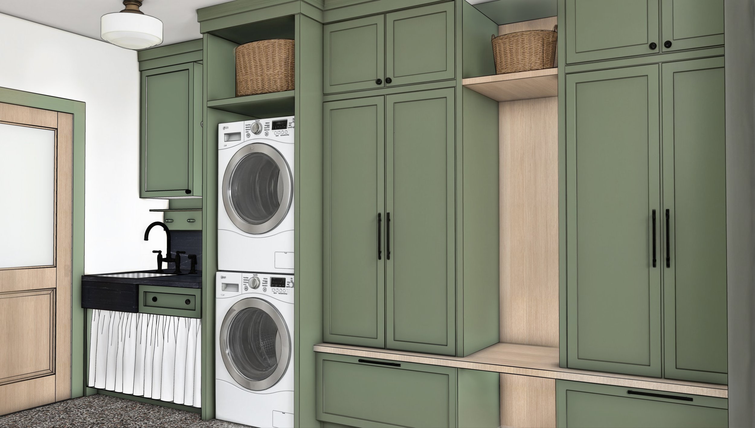 Green kitchen cabinets with a stacked washer and dryer, black sink, and woven baskets on top cabinets.