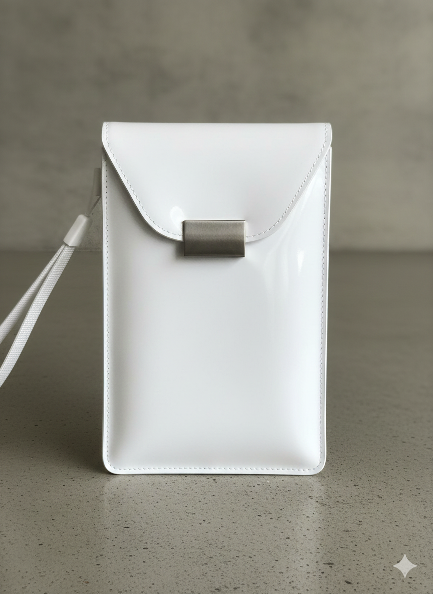Weiße, schlichte Tragetasche mit silberner Schnalle und Tragegurt auf grauem Hintergrund.