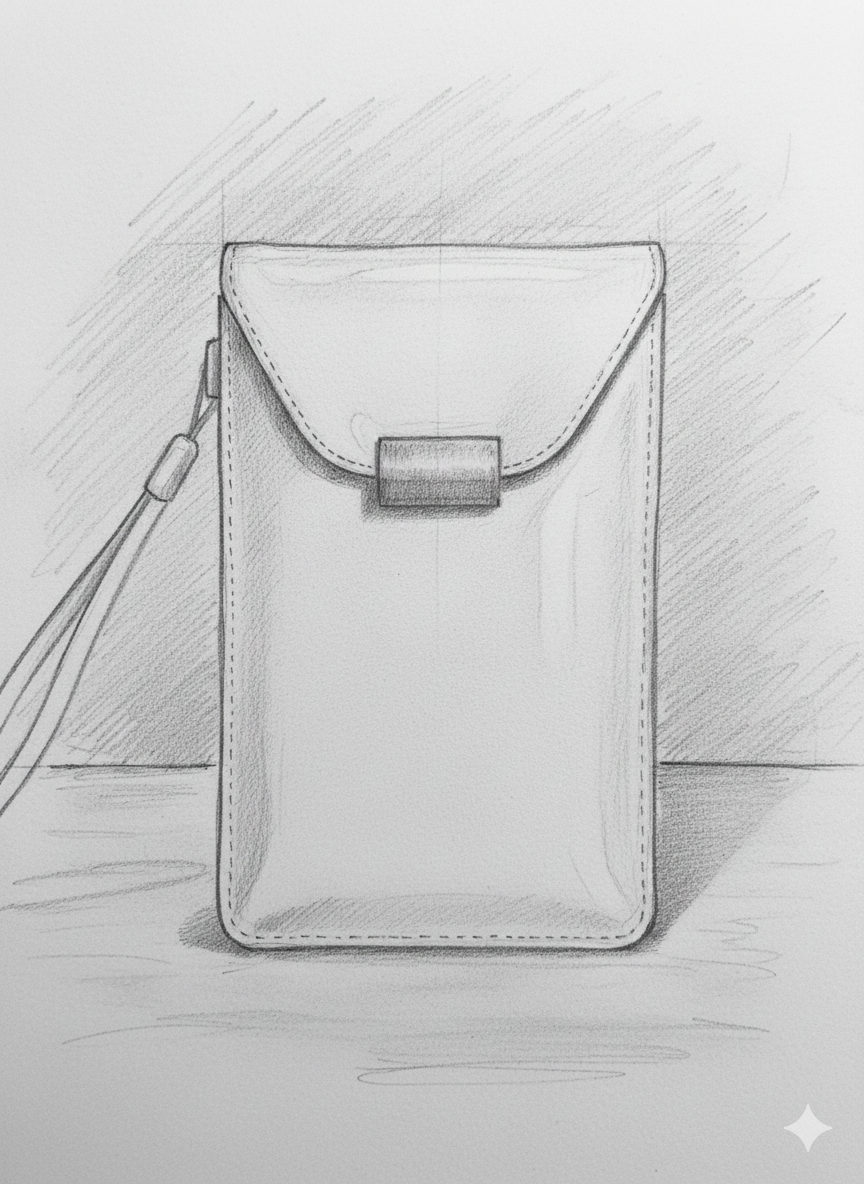 Skizze einer tragbaren Tasche mit Klappe und trageriemen.