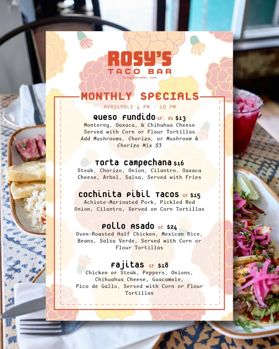 Something delicious is waiting for you...

We&rsquo;ve been busy in the kitchen, and our new monthly specials are finally ready to share! Join us daily from 4pm to 10pm for a taste of our latest creations. 🌮✨