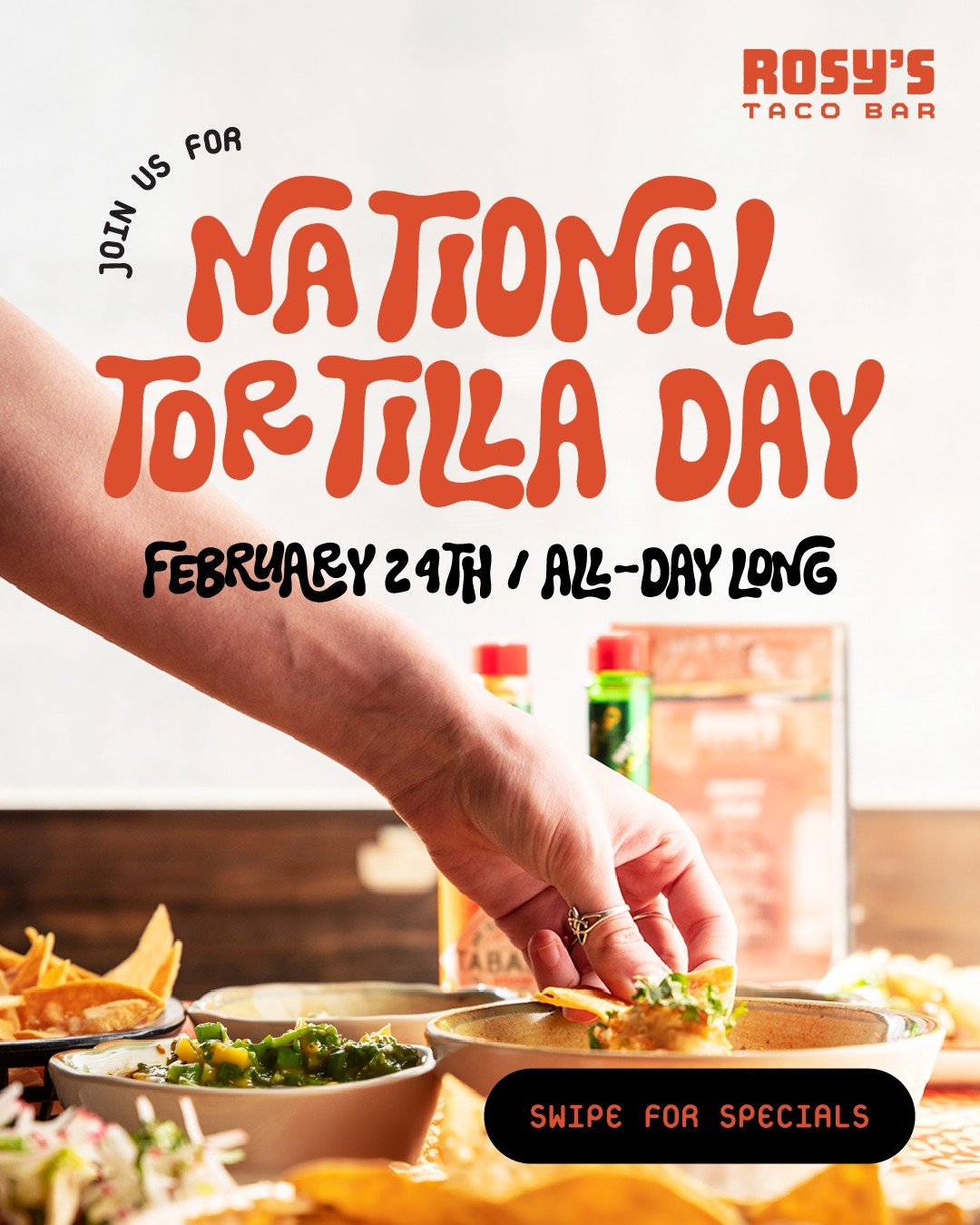 What&rsquo;s better than Taco Tuesday? Taco Tuesday AND National Tortilla Day! 🌮😋
We&rsquo;re celebrating all day long with $5 Chips &amp; Salsa Roja, $9 Chips &amp; Mango Salsa, $5 Margaritas, and even Dessert Nachos for that sweet finish. Let's c