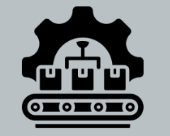 Icon of a gear with a factory conveyor belt and connected machinery.