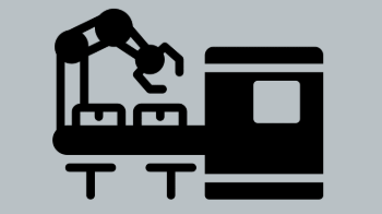 Silhouette of a robotic arm working on a conveyor belt with boxes in a factory setting.