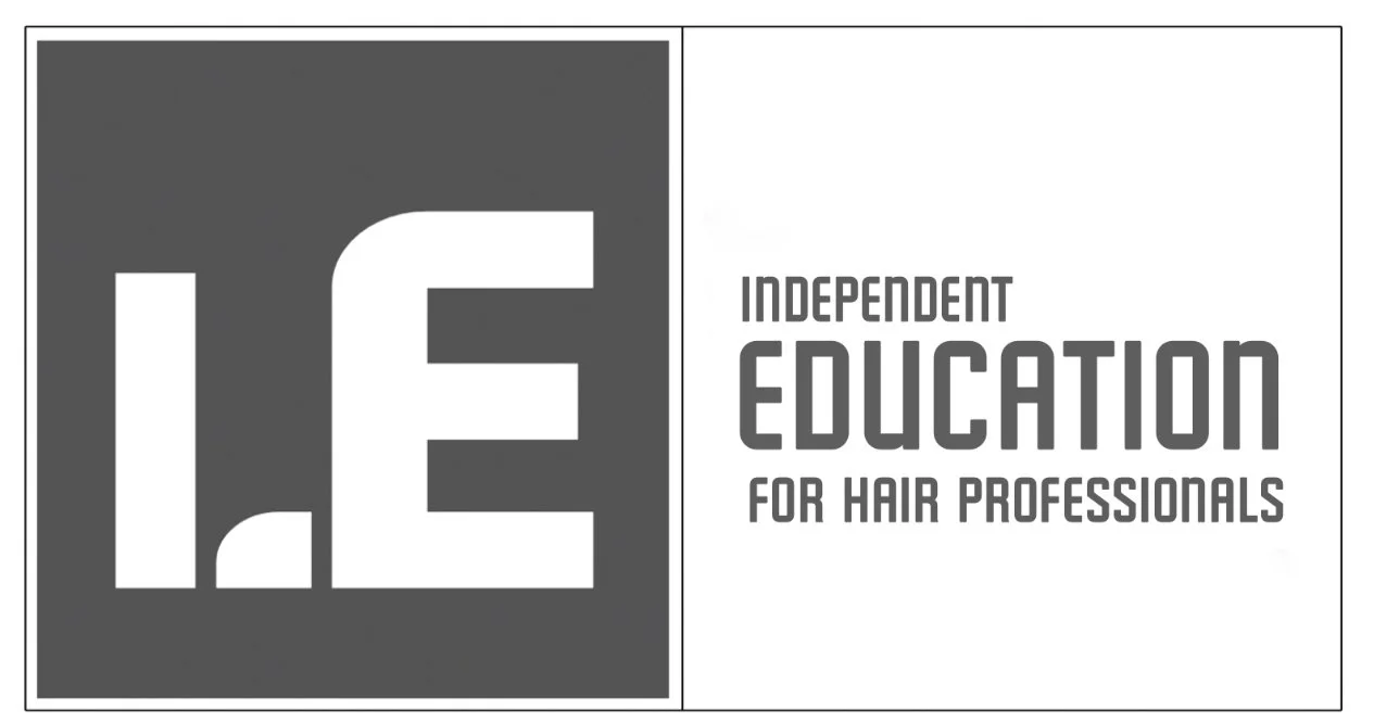 Logo with letters "I.E" in white on a dark background, and text "Independent Education for Hair Professionals" on the right.