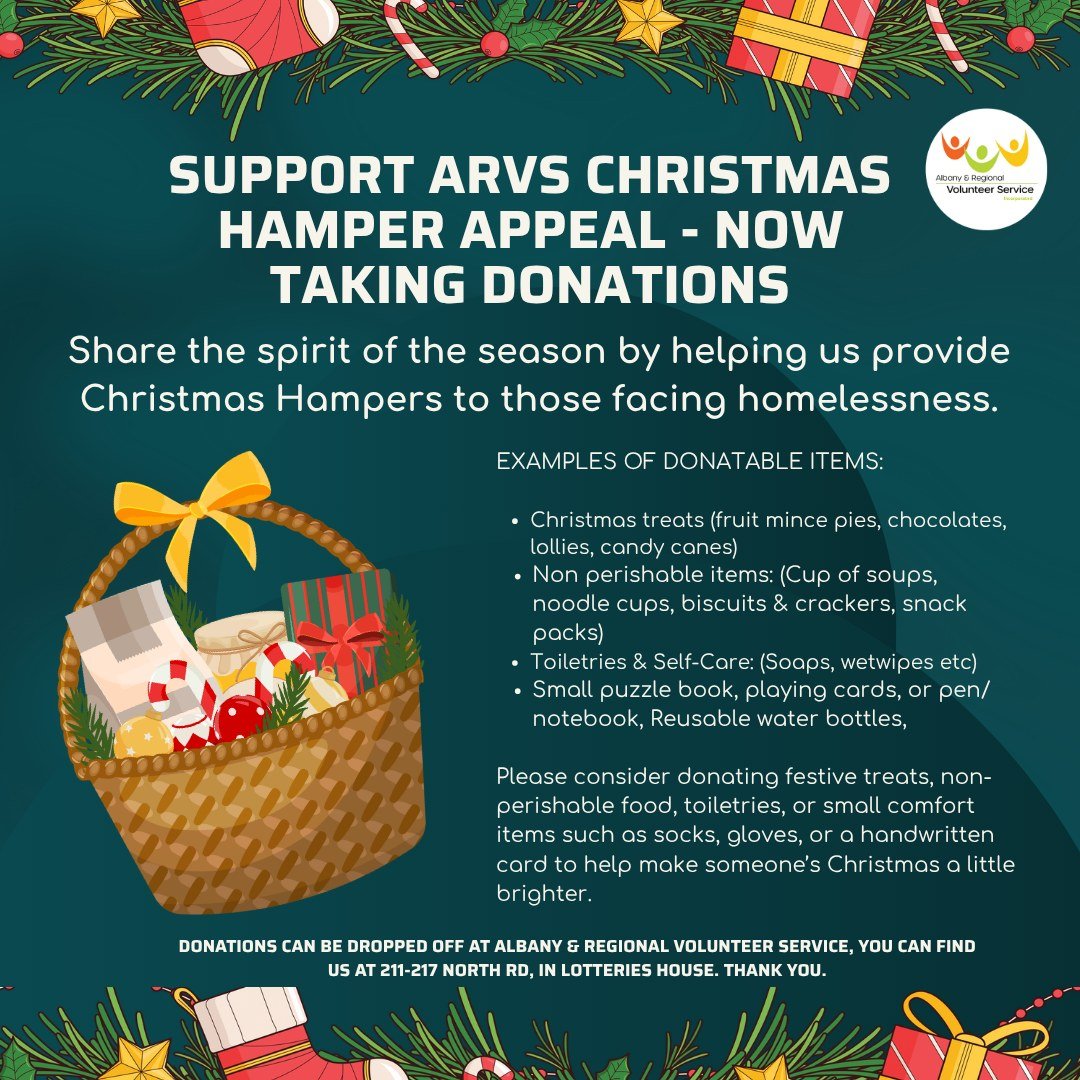 🎄✨ WE NEED YOUR HELP! DONATIONS NEEDED✨🎄

Help Us Spread the Christmas Cheer! ✨🎄

This Christmas, Albany &amp; Regional Volunteer Service is putting together Christmas Hampers to support those in our community facing homelessness and hardship. 💛
