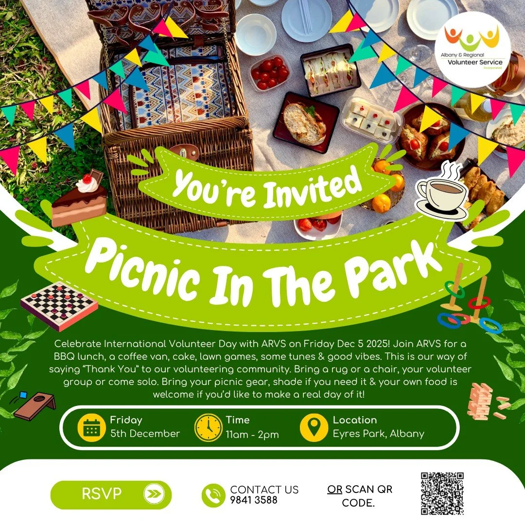 🎉 To all of our wonderful VOLUNTEERS - You&rsquo;re Invited to Picnic in the Park! 🌳

Celebrate International Volunteer Day with ARVS on Friday, December 5th, 2025 at Eyres Park, Albany!

Join us from 11am&ndash;2pm for a relaxed picnic-style celeb