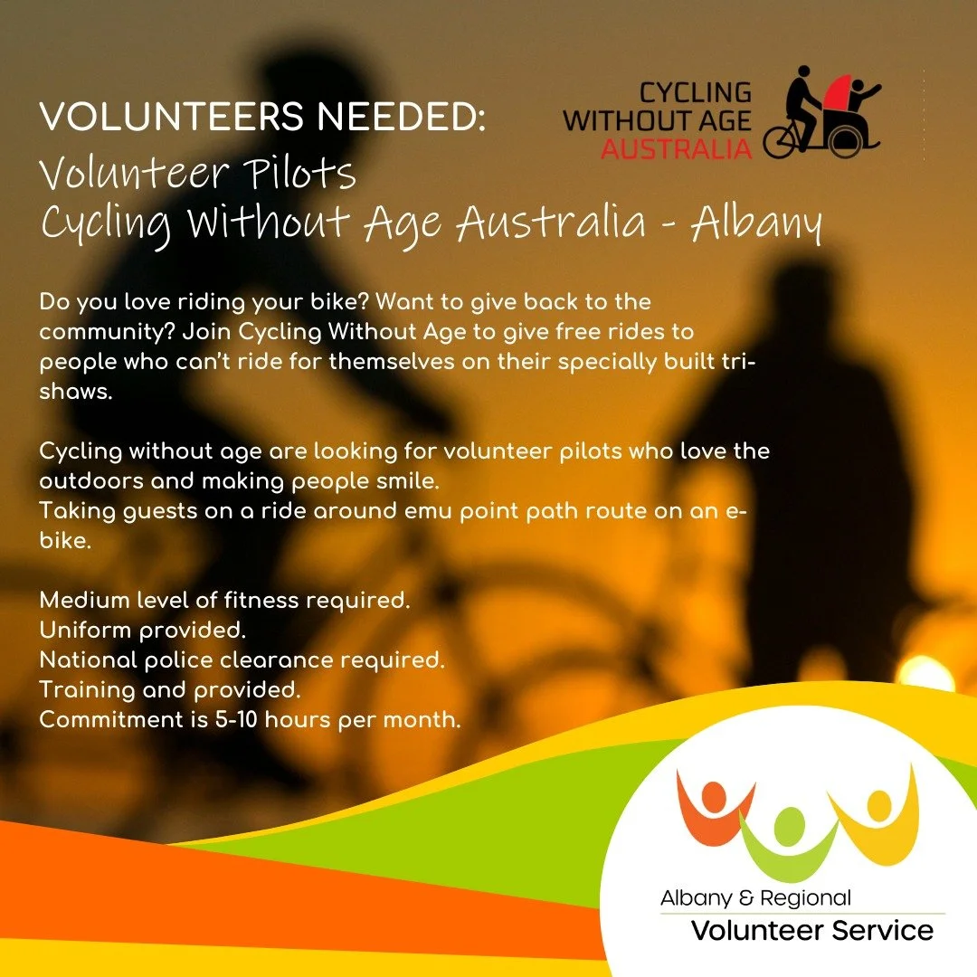 🚲 VOLUNTEERS NEEDED &ndash; Cycling Without Age Albany! ❤️

Do you love riding your bike and enjoy giving back to the community?
Cycling Without Age Australia &ndash; Albany is looking for Volunteer Pilots to take older community members and people 