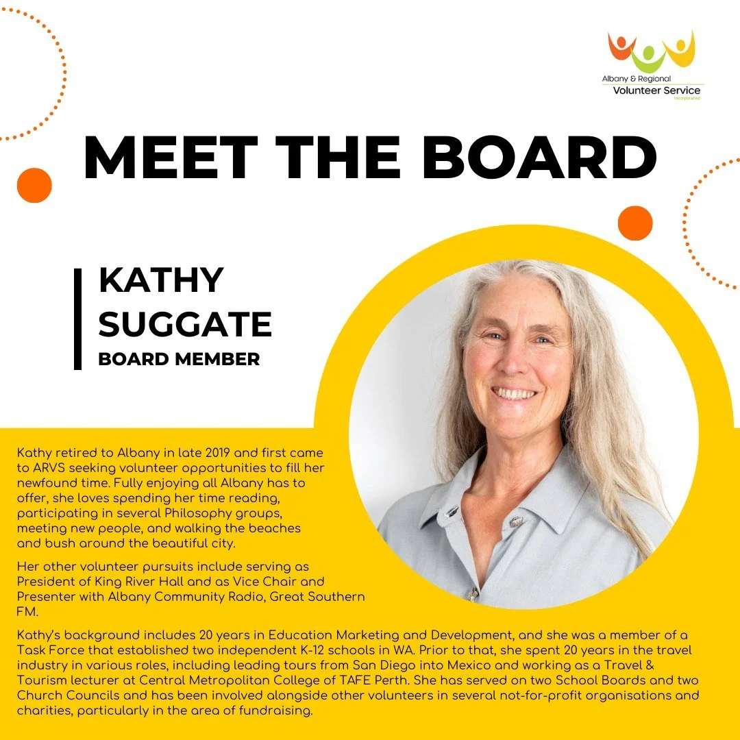 🌟 MEET THE BOARD &ndash; KATHY SUGGATE 🌟

We&rsquo;re excited to introduce to Kathy, one of our dedicated ARVS Board Members.

Kathy retired to Albany in late 2019 and first connected with ARVS while looking for meaningful ways to contribute her ti