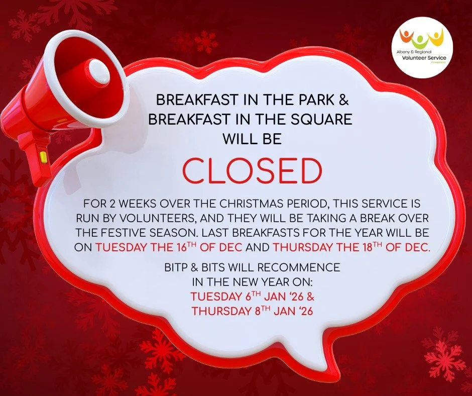 📢 BREAKFAST IN THE PARK &amp; BREAKFAST IN THE SQUARE &ndash; CHRISTMAS CLOSURE NOTICE 🎄

Our amazing volunteers will be taking a well-deserved break over the festive season. This means Breakfast in the Park and Breakfast in the Square will be clos