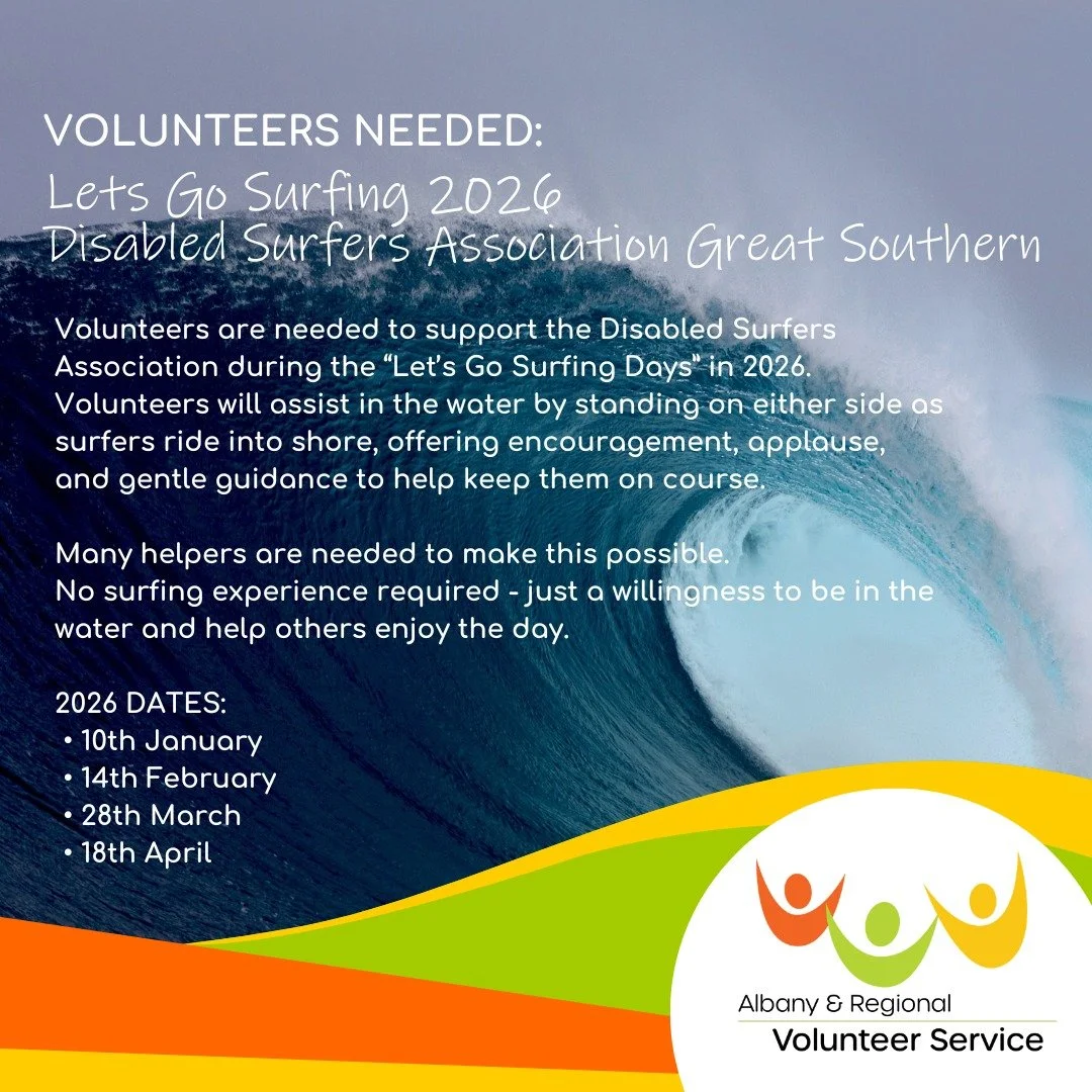 🌊 VOLUNTEERS NEEDED &ndash; LET&rsquo;S GO SURFING 2026! 🌊

Disabled Surfers Association &ndash; Great Southern

The Disabled Surfers Association - Great Southern is calling for volunteers for their first &ldquo;Let&rsquo;s Go Surfing Day&rdquo; on