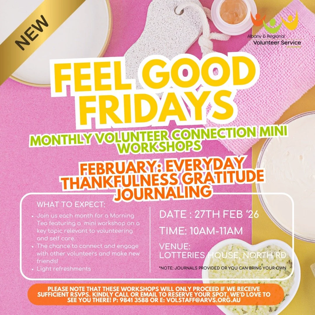 🌼 Feel Good Fridays &ndash; February Mini Workshop 🌼

Join us for our monthly Volunteer Connection Mini Workshop and start your day with positivity, connection and self-care!

✨ February Theme: Everyday Thankfulness &amp; Gratitude Journaling
📅 Da