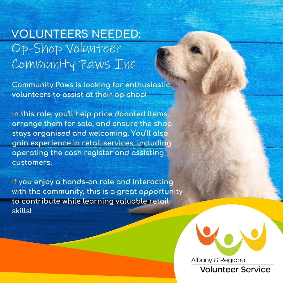 🐾 URGENT!Paw-some Volunteer Opportunity at Community Paws Op-Shop! 🐾

Are you looking to give back and have some fun at the same time? Community Paws op-shop is searching for volunteers to join their team! 🛍️✨

Tasks include:
🛒 Helping price item