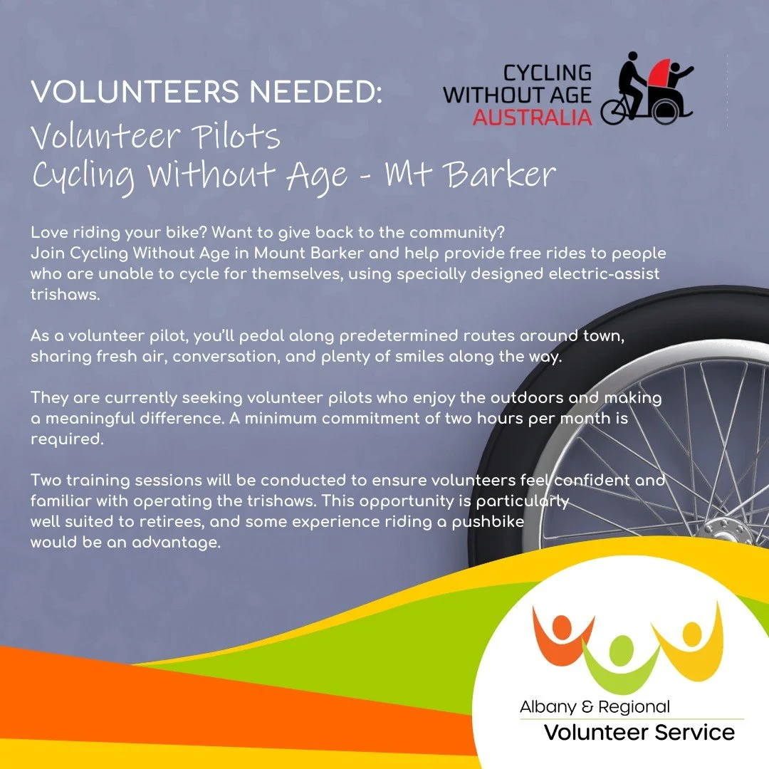 🚲 Love riding your bike? Want to give back to the community?🚲

Join Cycling Without Age in Mount Barker and help provide free rides to people who are unable to cycle for themselves, using specially designed electric-assist trishaws.

As a volunteer