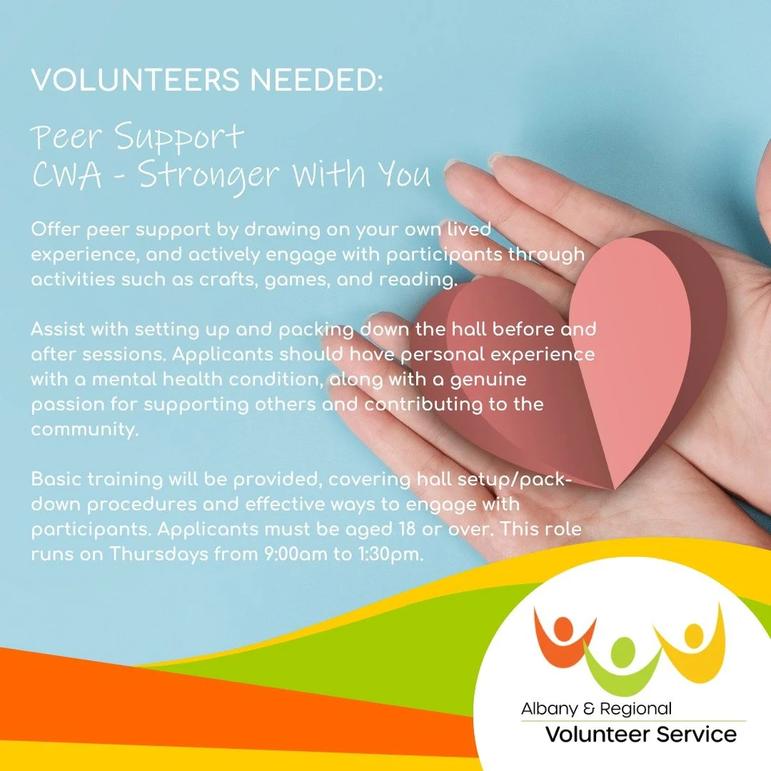 💙 VOLUNTEERS NEEDED &ndash; Peer Support (CWA: Stronger With You) 💙

They are looking for compassionate volunteers to join their Thursday group and make a real difference in the community.

If you have lived experience with mental health and a pass