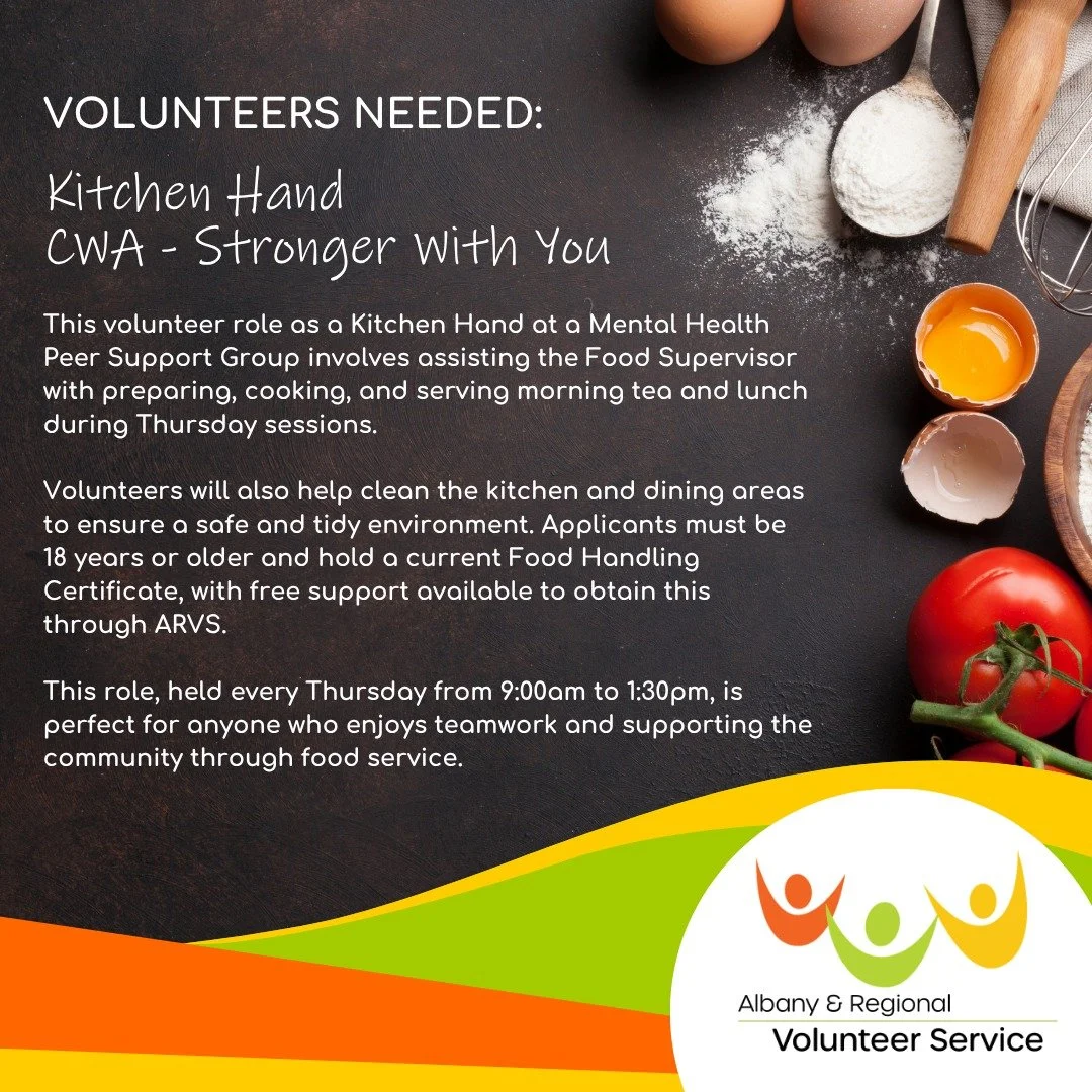 👩&zwj;🍳 VOLUNTEERS NEEDED &ndash; Kitchen Hand

Looking to give back and be part of something meaningful? 💛

CWA &ndash; Stronger With You is seeking a friendly Kitchen Hand to support their Mental Health Peer Support Group. This isn&rsquo;t just 