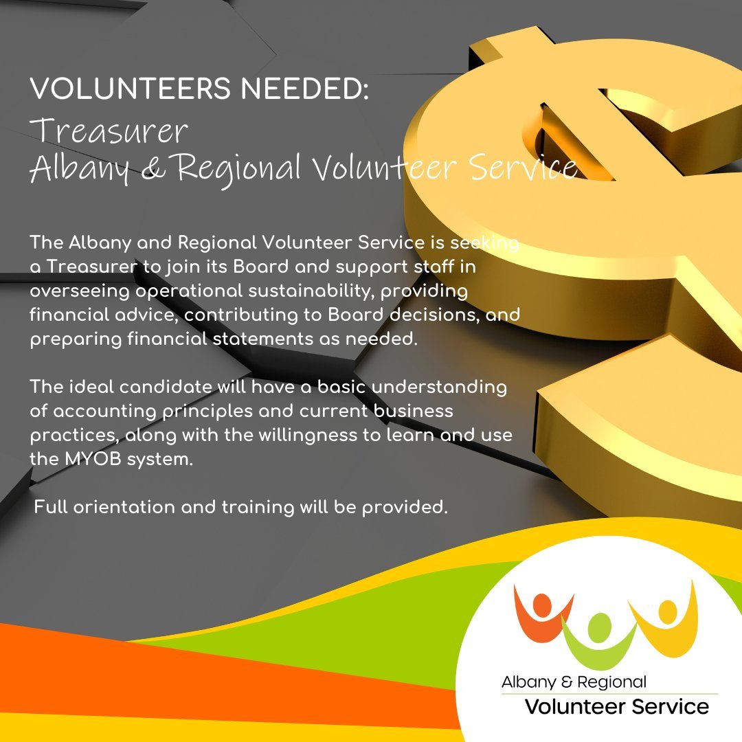 🙌 Volunteer Opportunity &ndash; Treasurer Needed 🙌

The Albany and Regional Volunteer Service is looking for a volunteer Treasurer to join our Board!

You'll help oversee finances, offer advice, and prepare basic reports. If you&rsquo;ve got an und