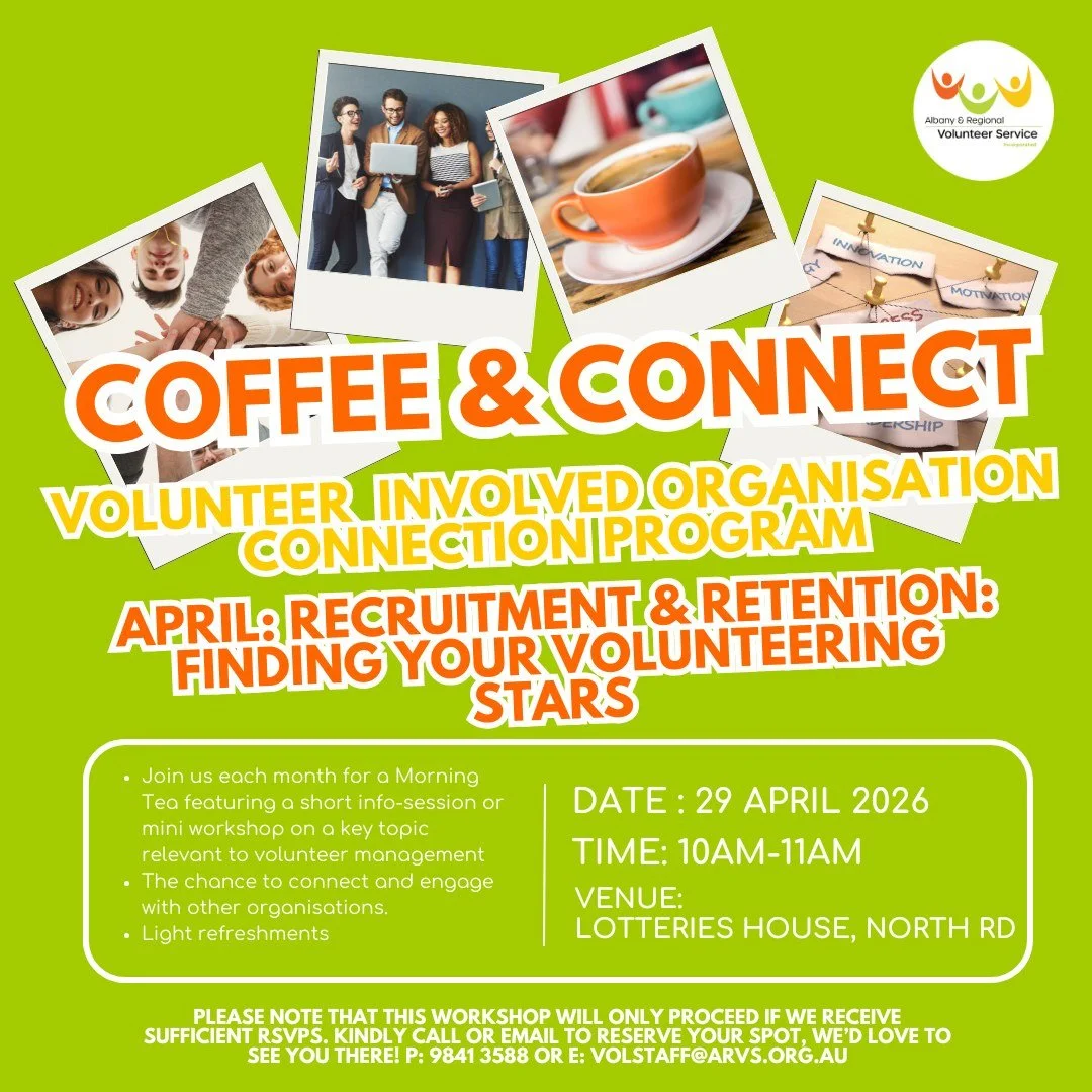 ☕ APRIL Coffee &amp; Connect &ndash; Volunteer Involved Organisation Connection Program 🤝

Join us for our monthly Coffee &amp; Connect session - a relaxed morning tea designed for organisations that involve volunteers to come together, share ideas,