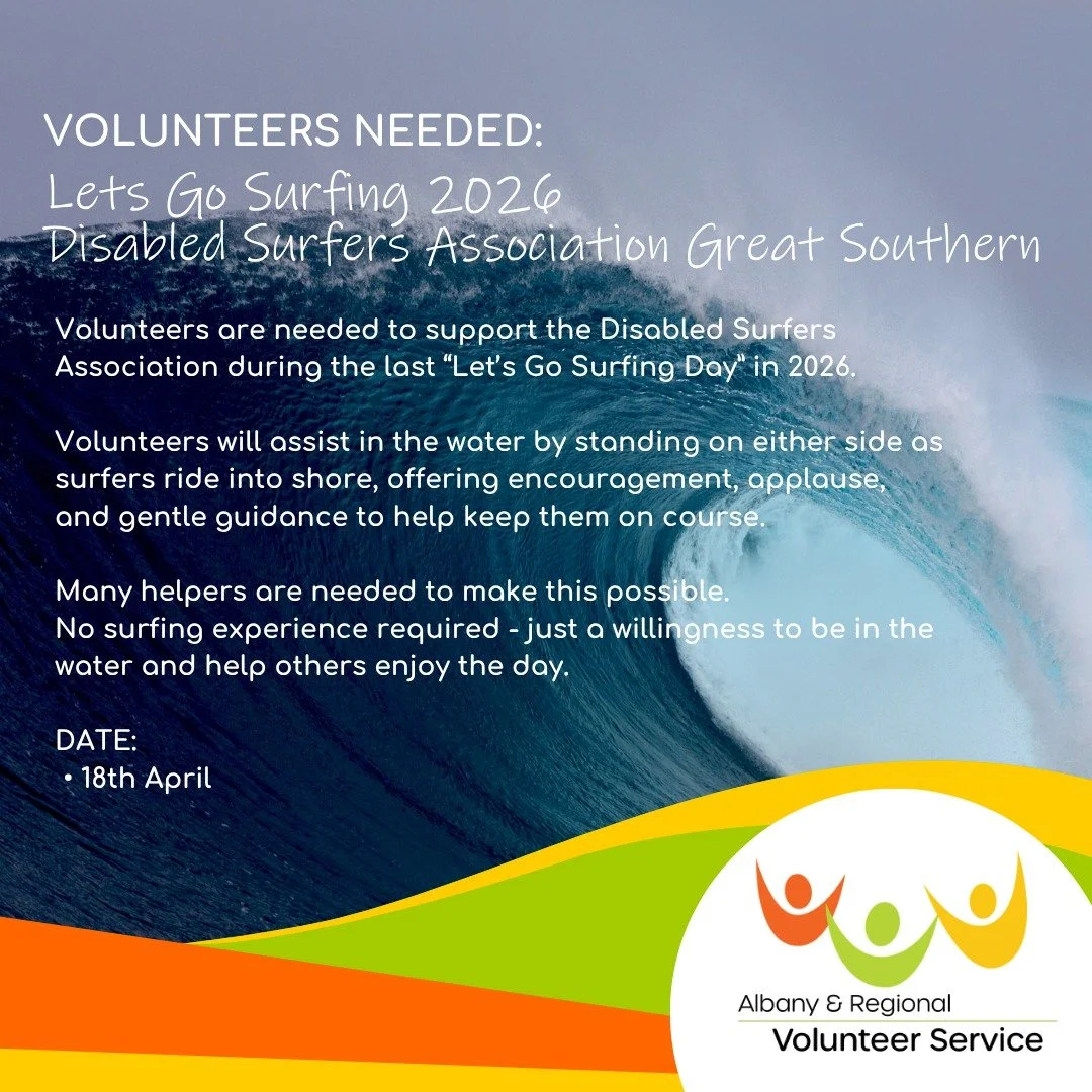 🌊VOLUNTEERS NEEDED FOR APRIL 18th 2026 &ndash; LET&rsquo;S GO SURFING! 🌊

The Disabled Surfers Association - Great Southern is calling for volunteers for their next/last &ldquo;Let&rsquo;s Go Surfing Day&rdquo; on 18th of April.

No surfing experie