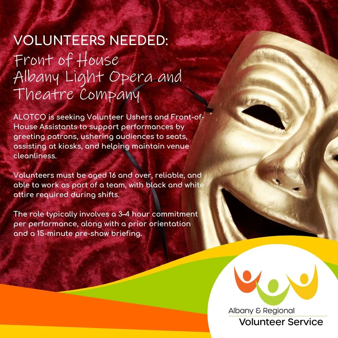 🎭✨ Love the buzz of live performances? Step into the spotlight (without being on stage!) ✨🎭

Albany Light Opera and Theatre Company is on the lookout for friendly, reliable Front of House Volunteers to help bring their shows to life!

From welcomin