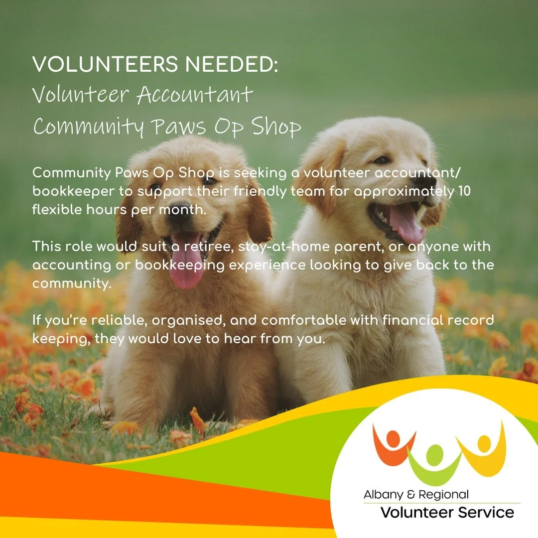 🐾 VOLUNTEER OPPORTUNITY 🐾

Community Paws Op Shop is looking for a Volunteer Accountant/Bookkeeper to support their friendly team for approximately 10 flexible hours per month.

This role would suit a retiree, stay-at-home parent, or anyone with ac