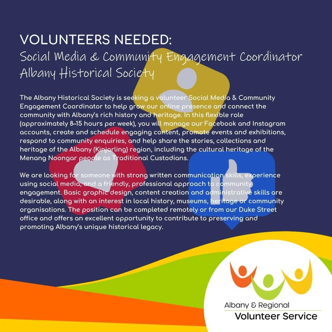 📢 VOLUNTEERS NEEDED! 📢

Are you passionate about social media, community engagement, and local history? The Albany Historical Society is looking for a Volunteer Social Media &amp; Community Engagement Coordinator to help share Albany&rsquo;s rich h