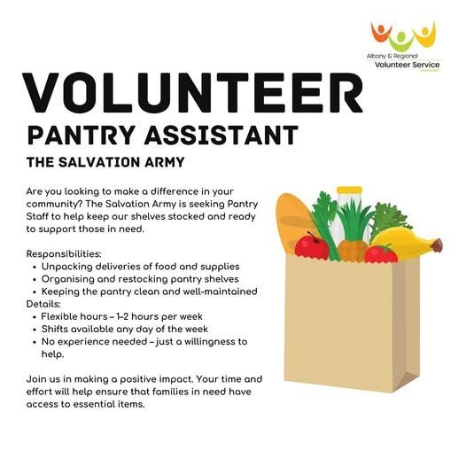 Are you looking to make a difference in your community? The Salvation Army is seeking Pantry Staff to help keep our shelves stocked and ready to support those in need.

Responsibilities:
🔹Unpacking deliveries of food and supplies
🔹Organising and re