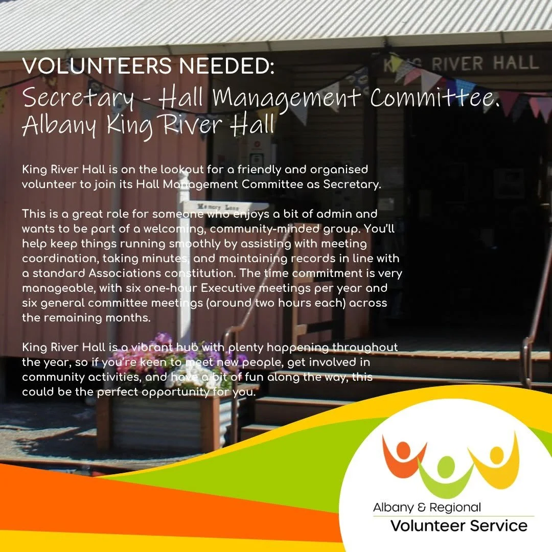 Looking to get involved in your local community and meet some great people? 😊

King River Hall is on the lookout for a friendly and organised volunteer to join its Hall Management Committee as Secretary. This role is perfect for someone who enjoys a