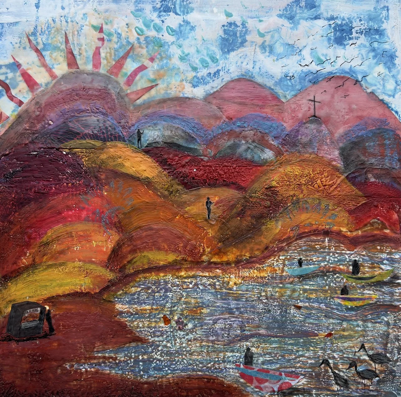 "Shadows In Time" By Ana Carolina Hurant,
Encaustic & Mixed media on wood panel; 20x20; 2025