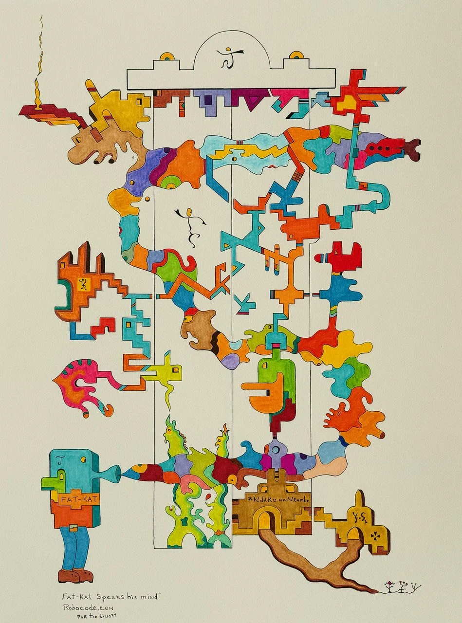 "Fat Kat Speaks his Mind" by RDean DeBoer; colored markers on watercolor paper; 2024