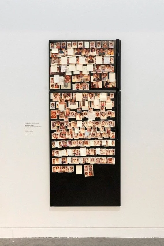 7682 (site of memory) by Mark Anthony Brown Jr.; spray paint, archival pigment prints, tape on refr; 2022-24